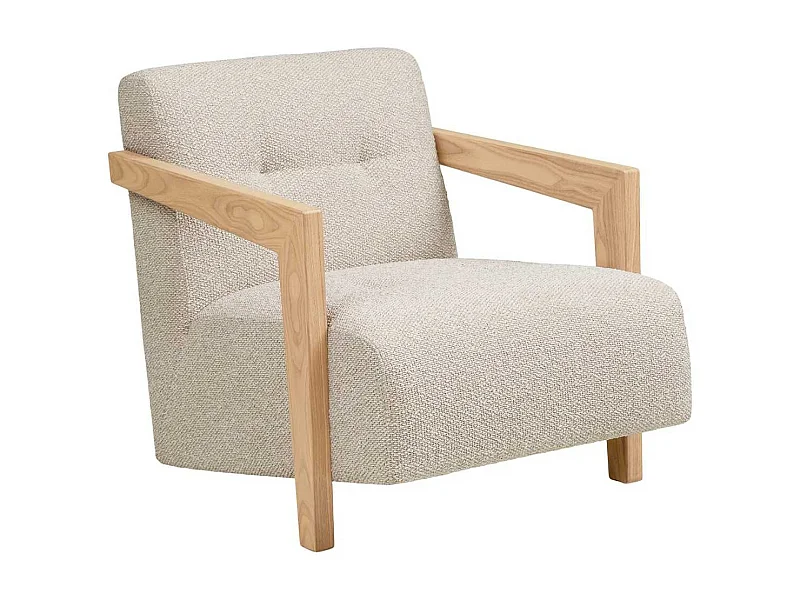 Fauteuil lounge vintage en tissu bouclette beige et accoudoirs en bois - FERNAND