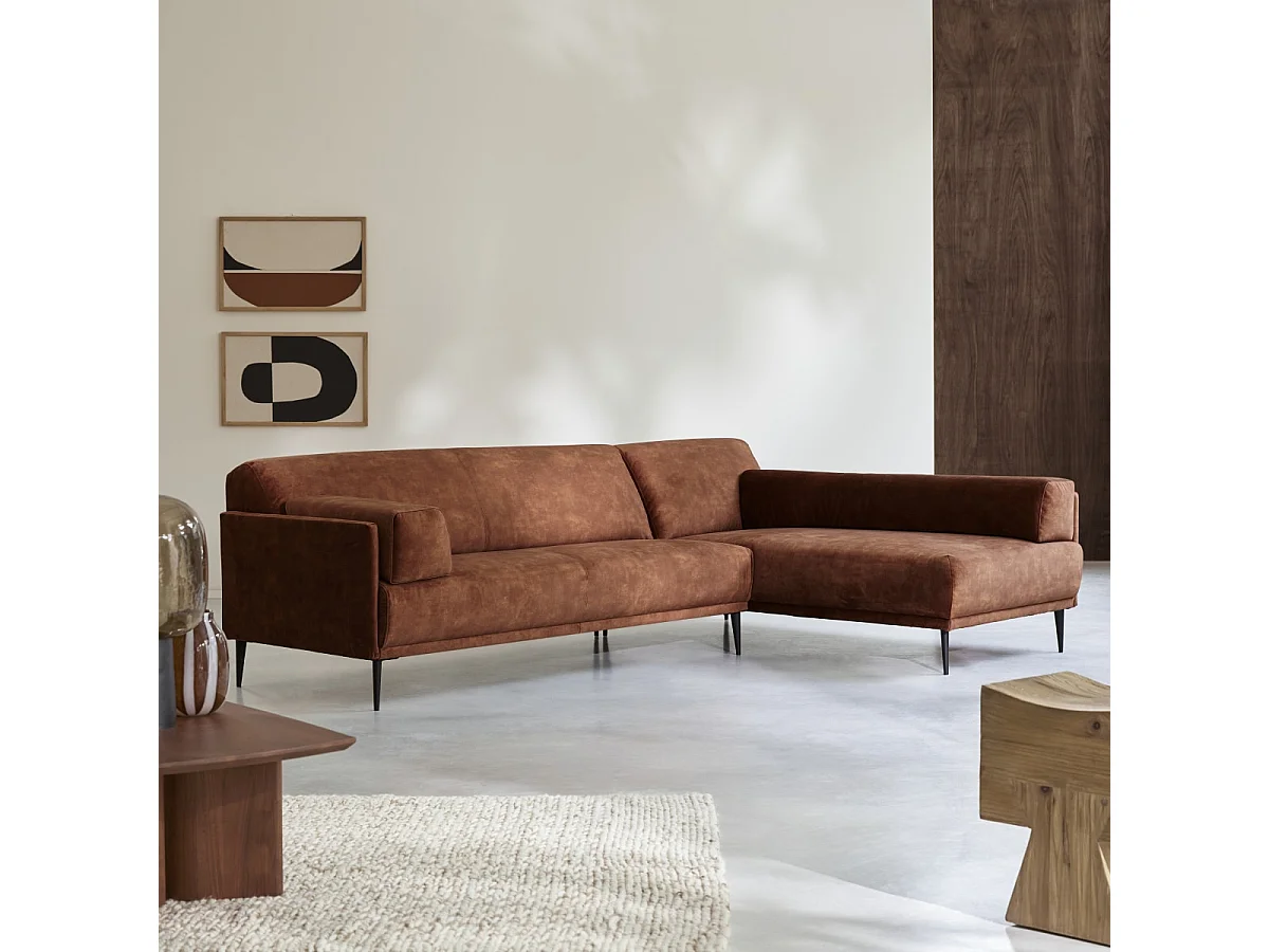 Canapé d'angle droit en velours teraccotta 270 x 180 cm Finn, 4 places
