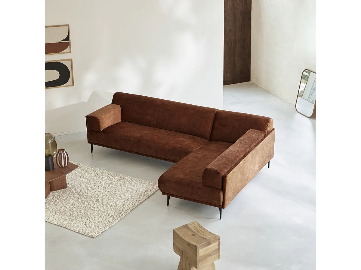 Canapé d'angle droit en velours teraccotta 270 x 180 cm Finn, 4 places