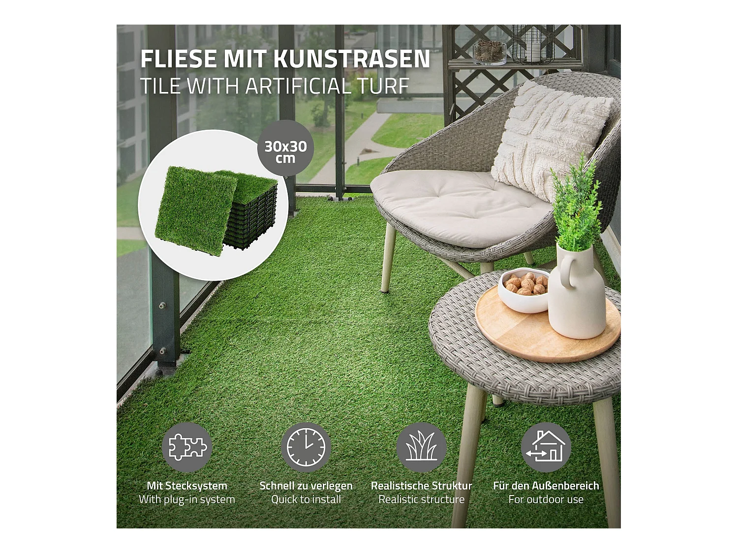 ML-Design Piastrelle in erba sintetica 30x30 cm 33 pezzi=3 m² prato artificiale con sistema a incastro, mattonelle erba da esterno, manto per giardino