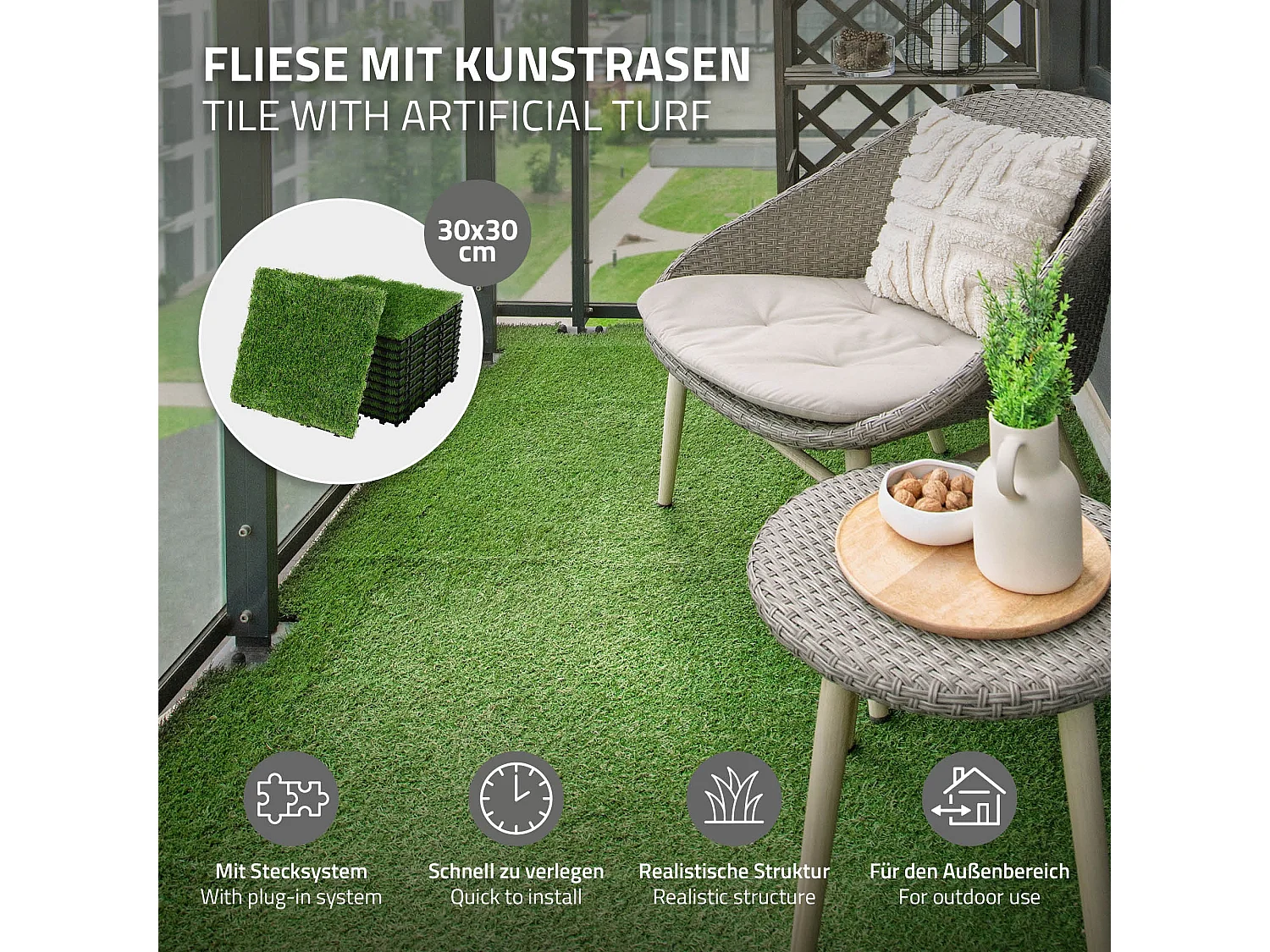 Dalles gazon synthétique 30x30 cm lot de 33 pièces 3m² clipsables avec drainage pelouse artificielle résistante UV jardin terrasse balcon intérieur