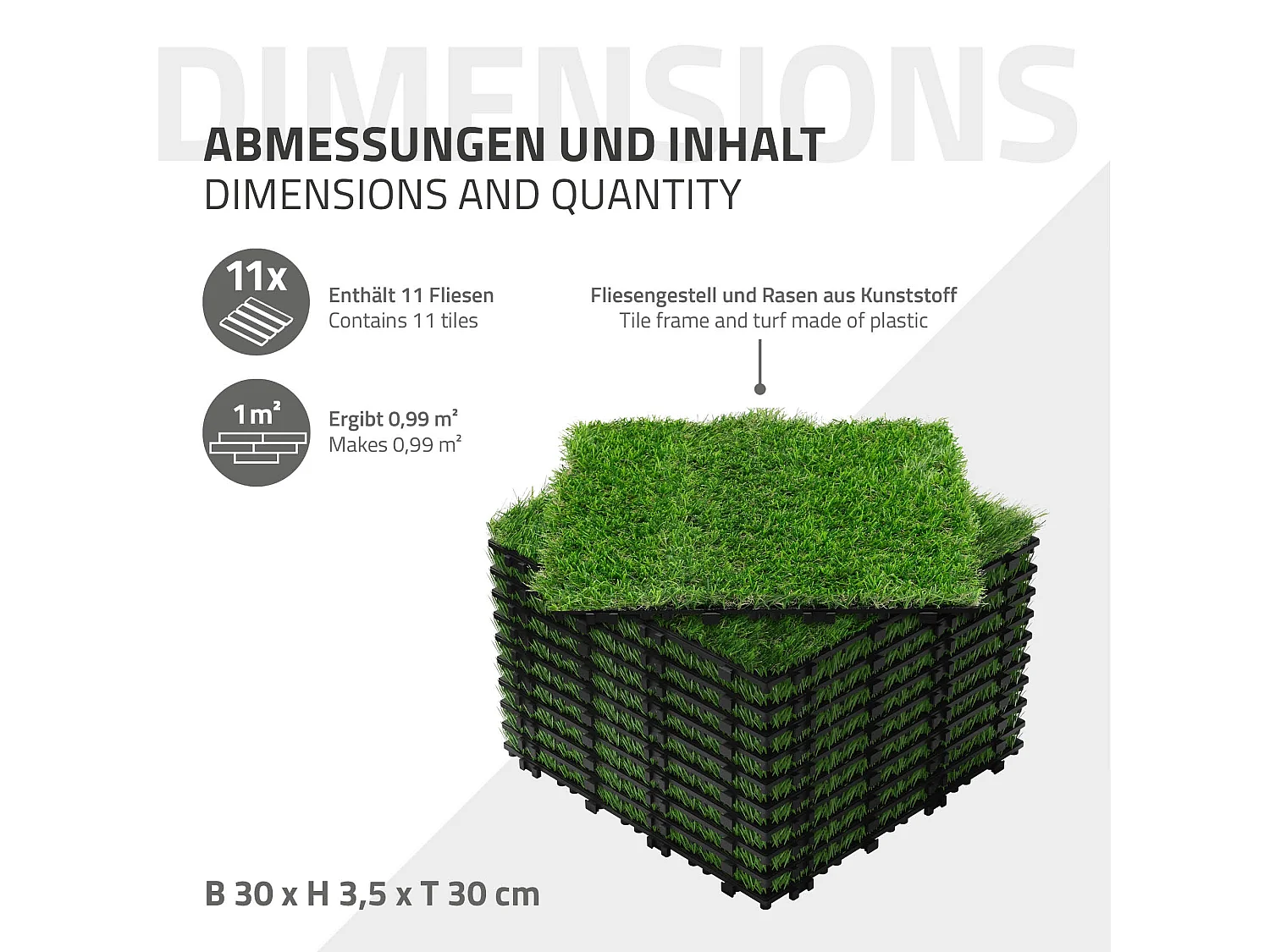 Dalles gazon synthétique 30x30 cm lot de 33 pièces 3m² clipsables avec drainage pelouse artificielle résistante UV jardin terrasse balcon intérieur