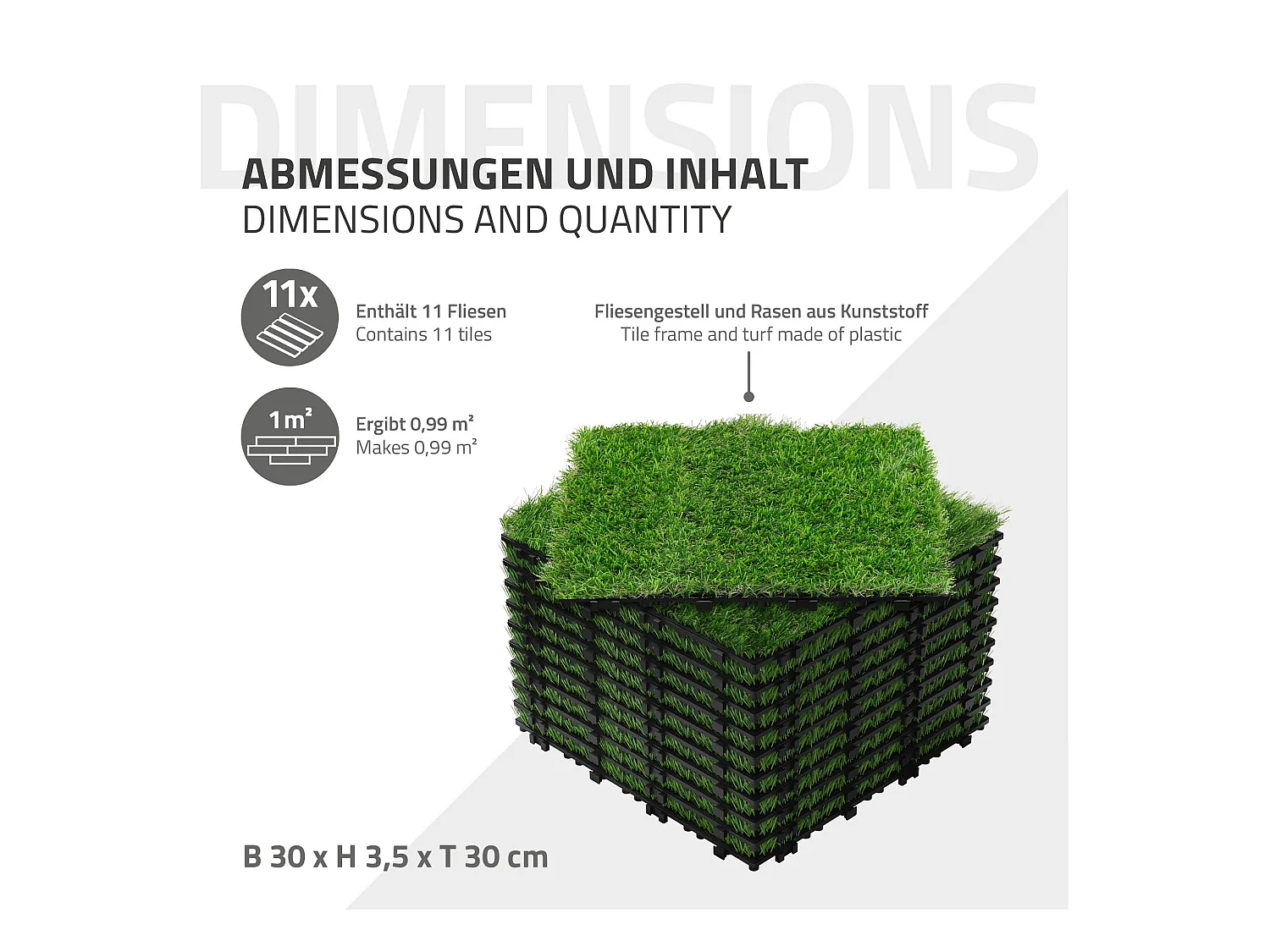 ML-Design Piastrelle in erba sintetica 30x30 cm 11 pezzi=1 m² prato artificiale con sistema a incastro, mattonelle erba da esterno, manto per giardino