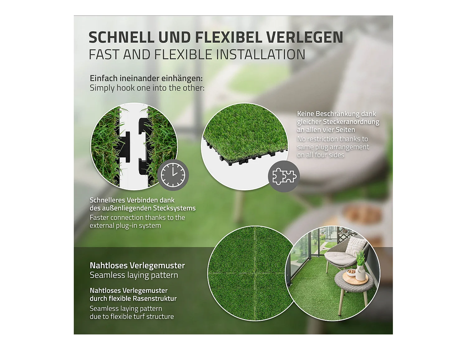 ML-Design Piastrelle in erba sintetica 30x30 cm 44 pezzi=4 m² prato artificiale con sistema a incastro, mattonelle erba da esterno, manto per giardino