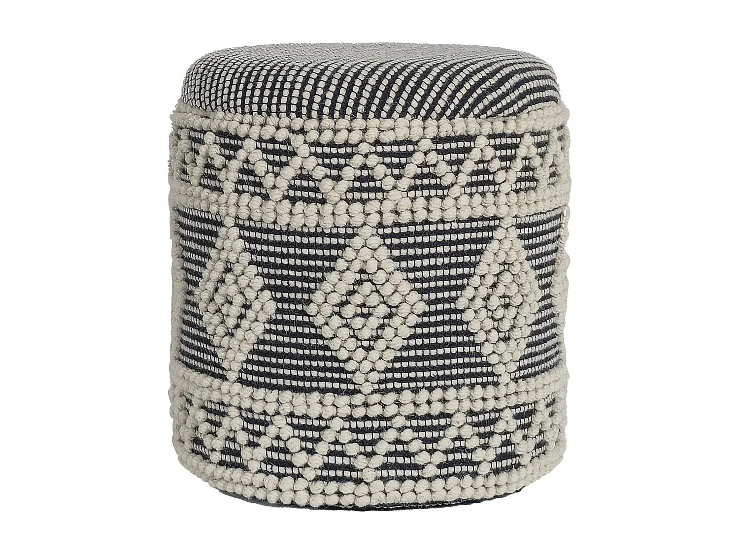 Tabouret Rangement Laine Gris Crème Rond Design Bohème pour Salon