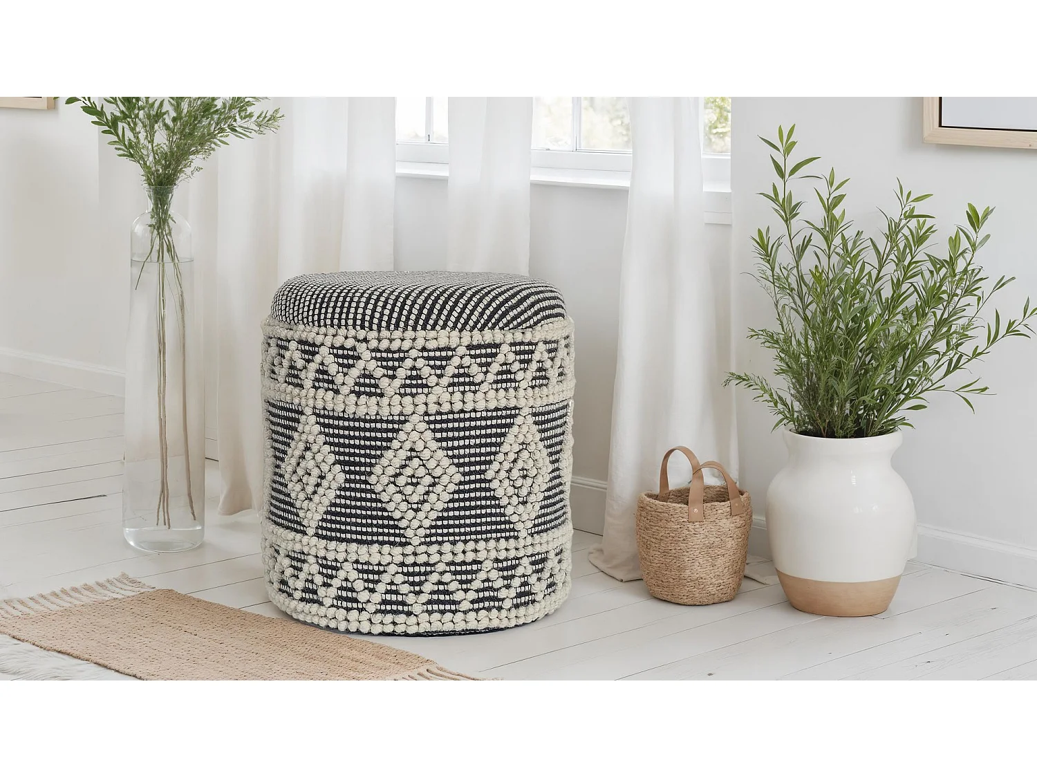 Tabouret Rangement Laine Gris Crème Rond Design Bohème pour Salon