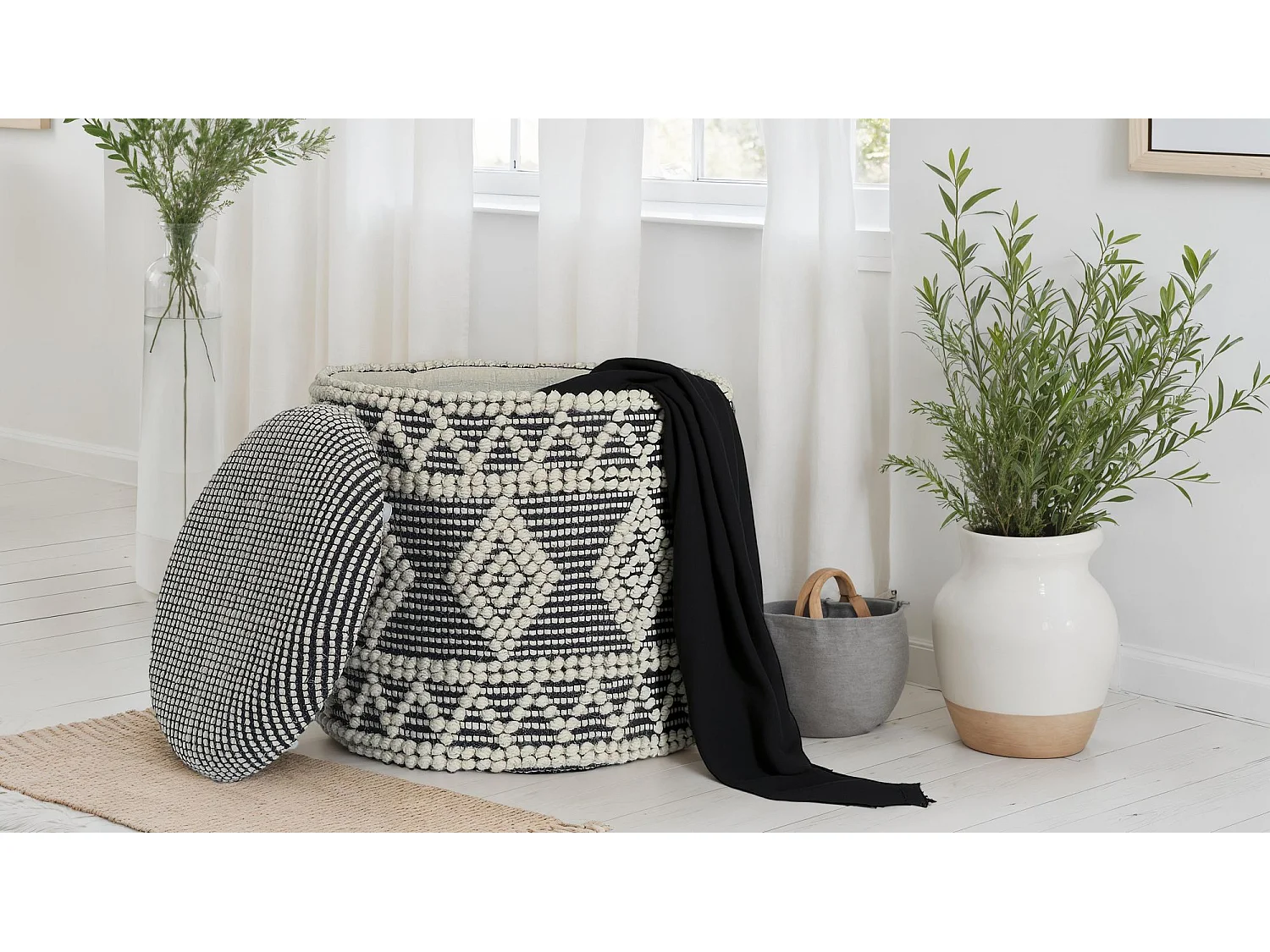 Tabouret Rangement Laine Gris Crème Rond Design Bohème pour Salon