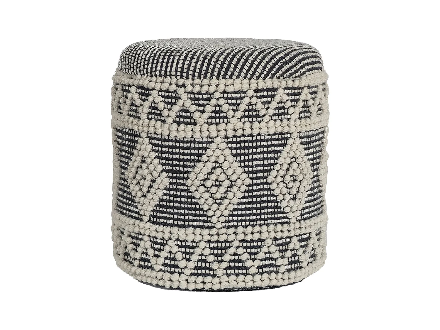 Tabouret Rangement Laine Gris Crème Rond Design Bohème pour Salon