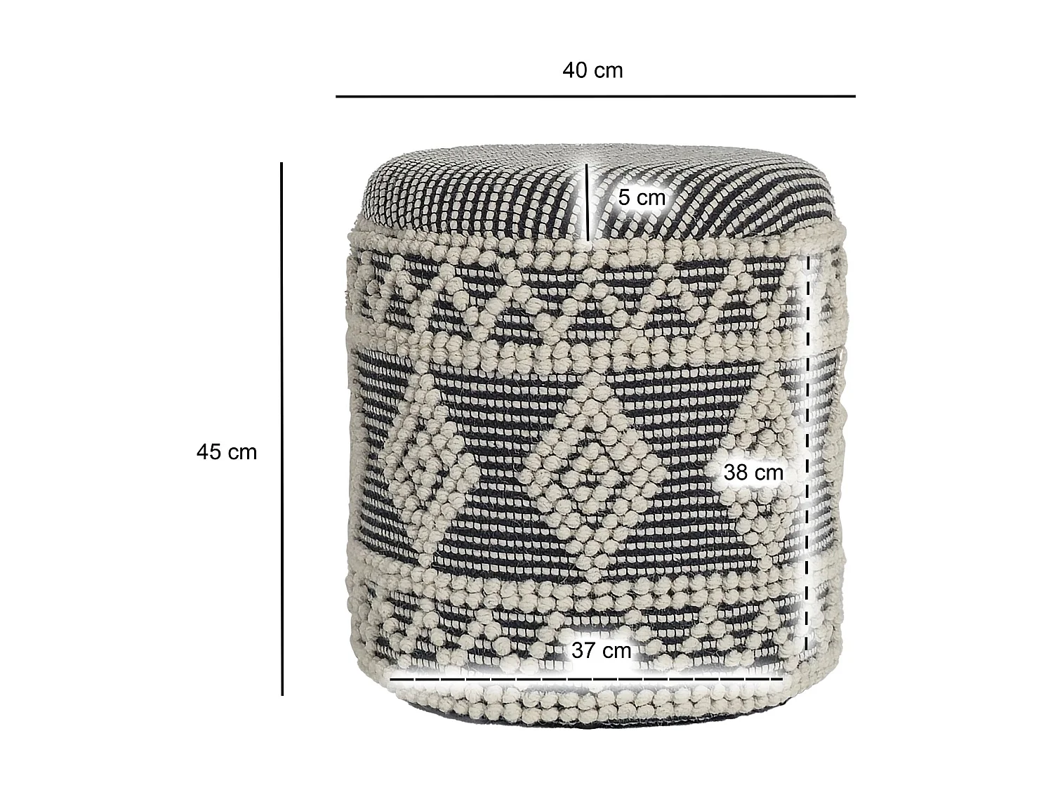 Tabouret Rangement Laine Gris Crème Rond Design Bohème pour Salon