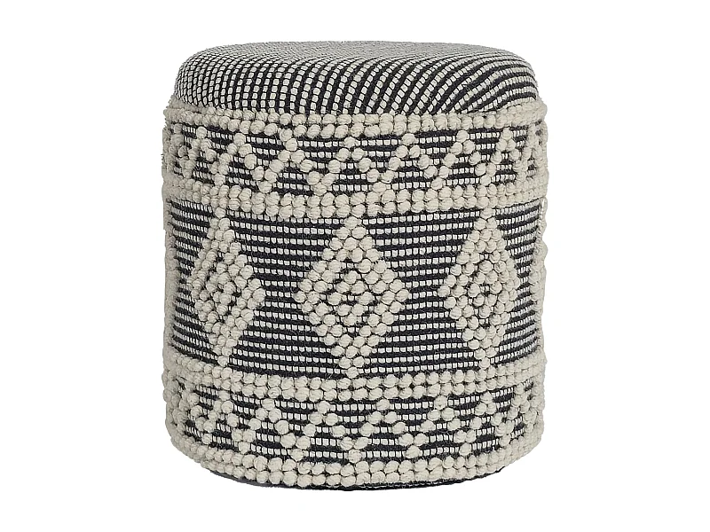 Tabouret Rangement Laine Gris Crème Rond Design Bohème pour Salon