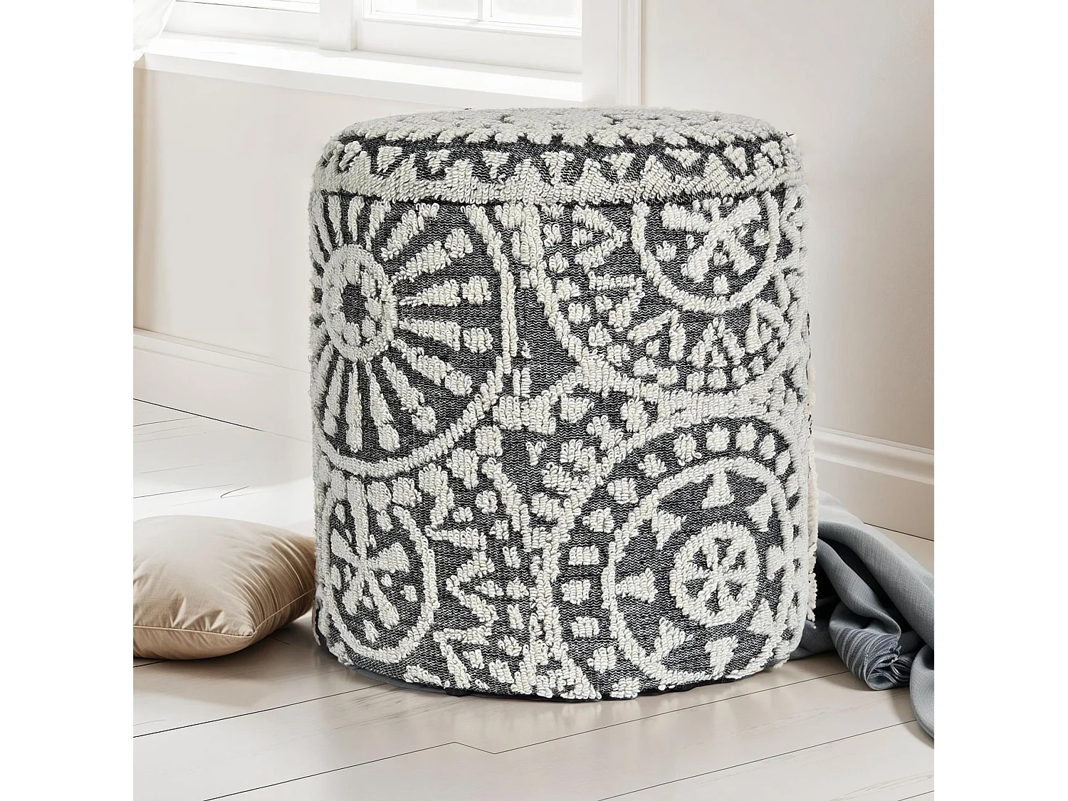 Tabouret Rond 40 cm Laine Gris Crème avec Coffre et Couvercle Amovible