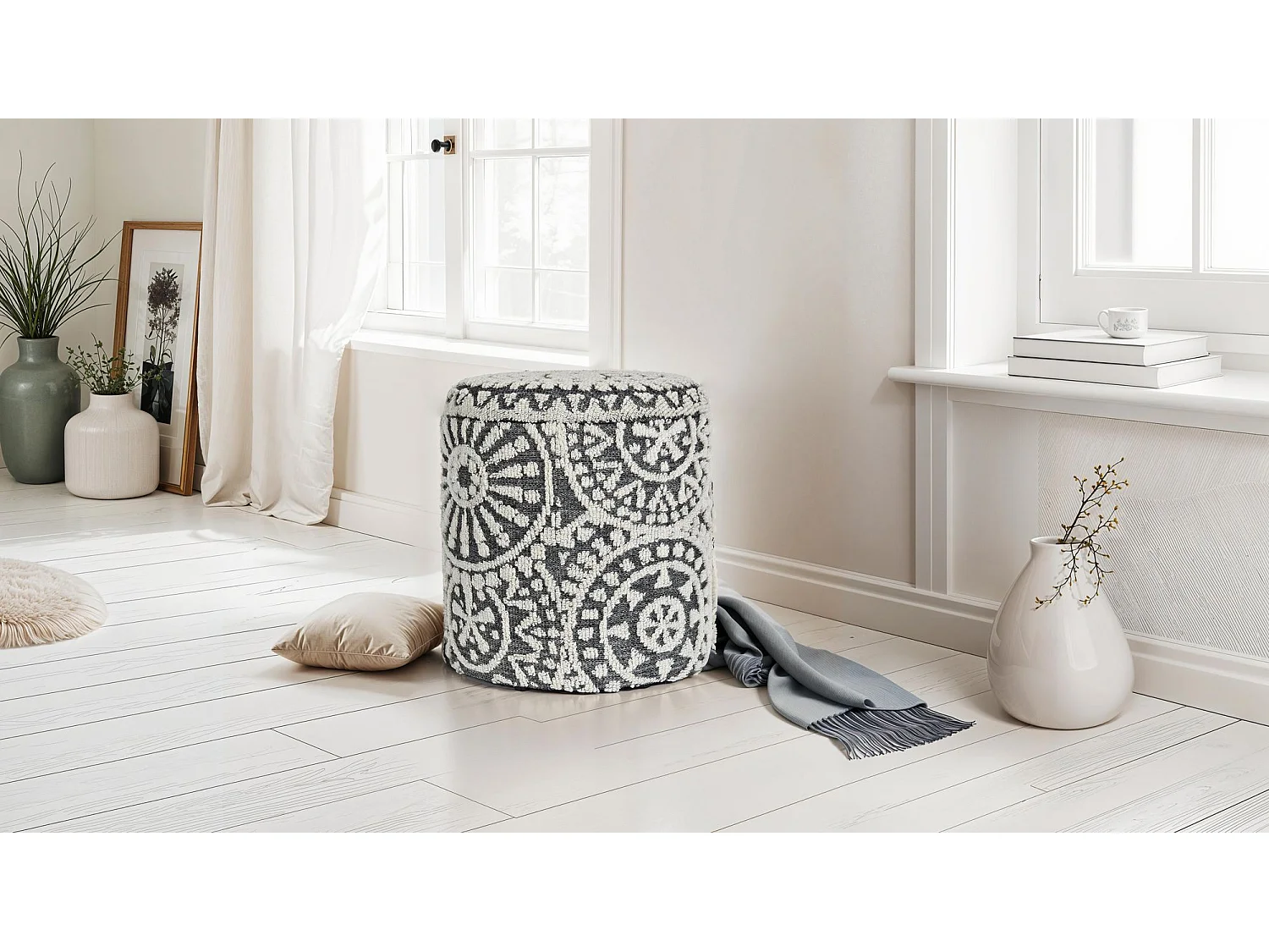 Tabouret Rond 40 cm Laine Gris Crème avec Coffre et Couvercle Amovible