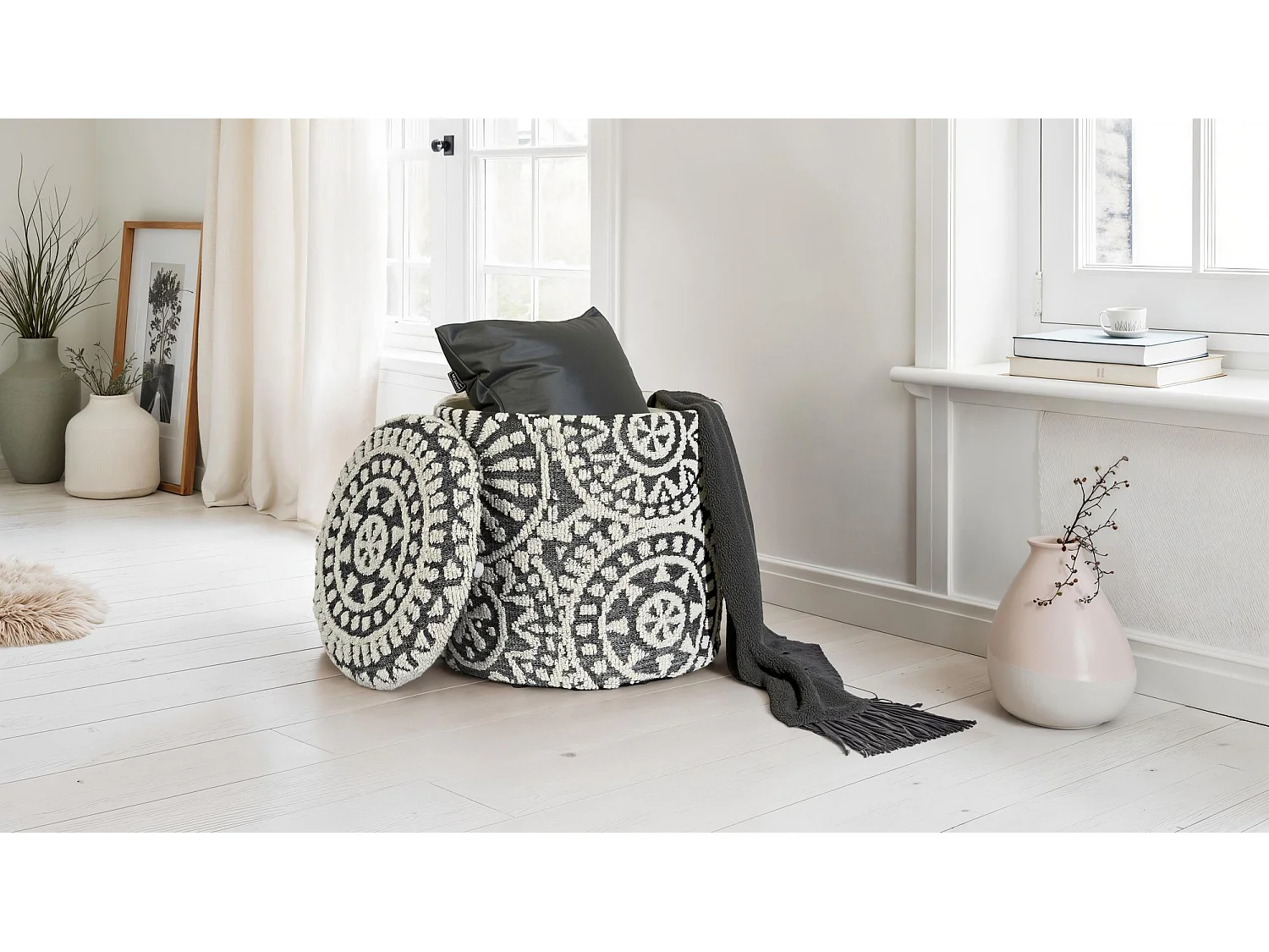 Tabouret Rond 40 cm Laine Gris Crème avec Coffre et Couvercle Amovible