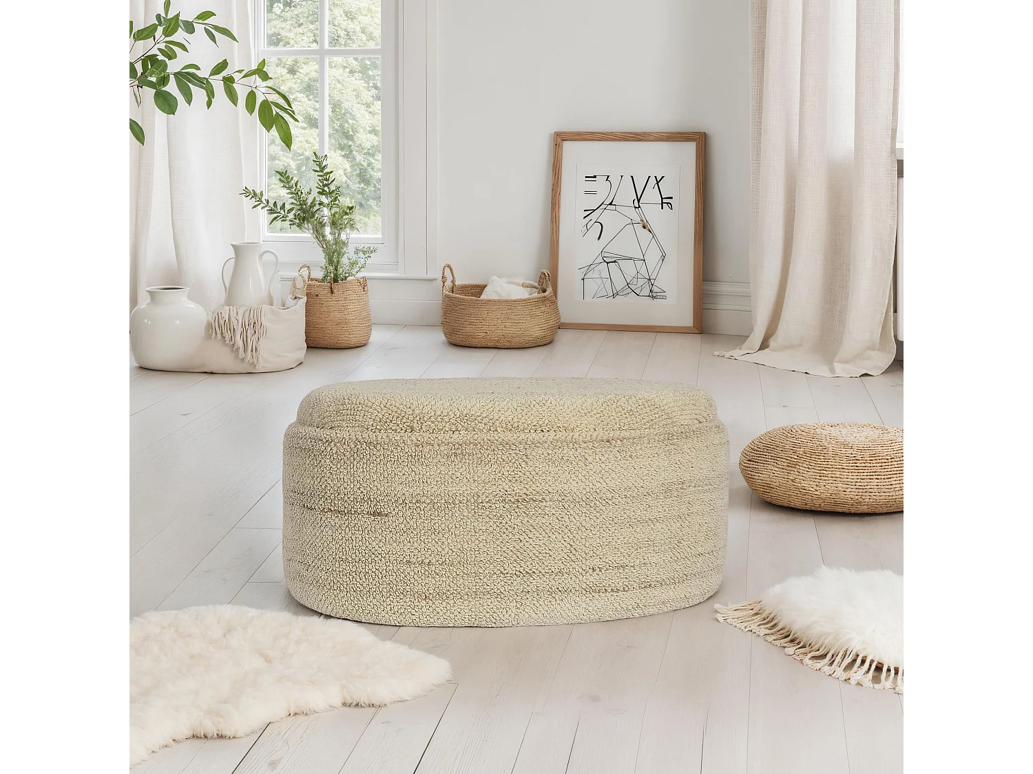 Tabouret Rangement Laine Marron Ovale 81 cm avec Couvercle Amovible