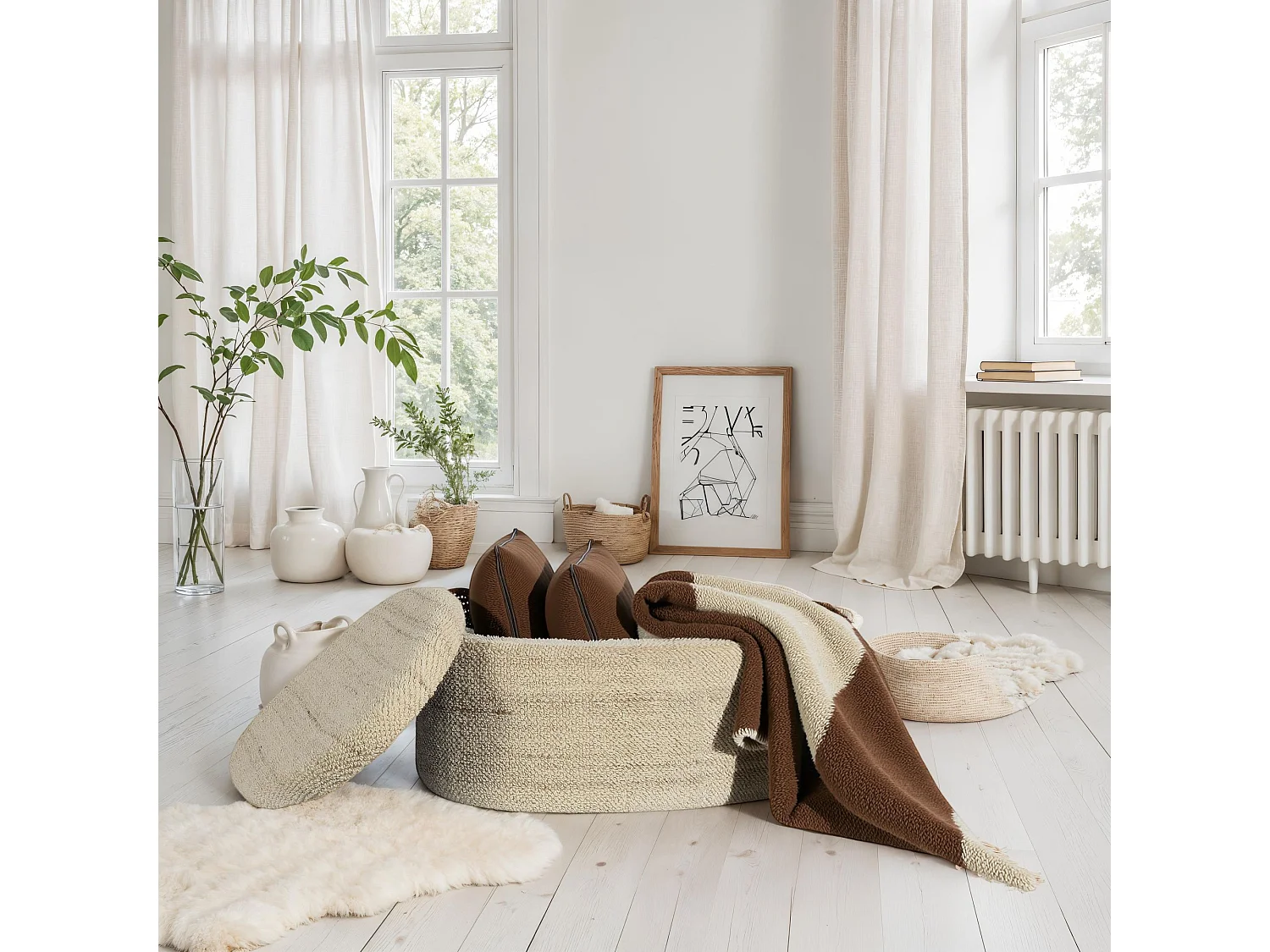 Tabouret Rangement Laine Marron Ovale 81 cm avec Couvercle Amovible