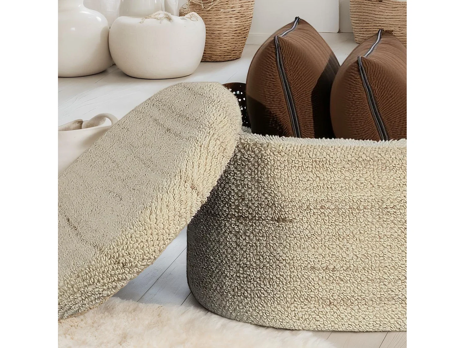 Tabouret Rangement Laine Marron Ovale 81 cm avec Couvercle Amovible