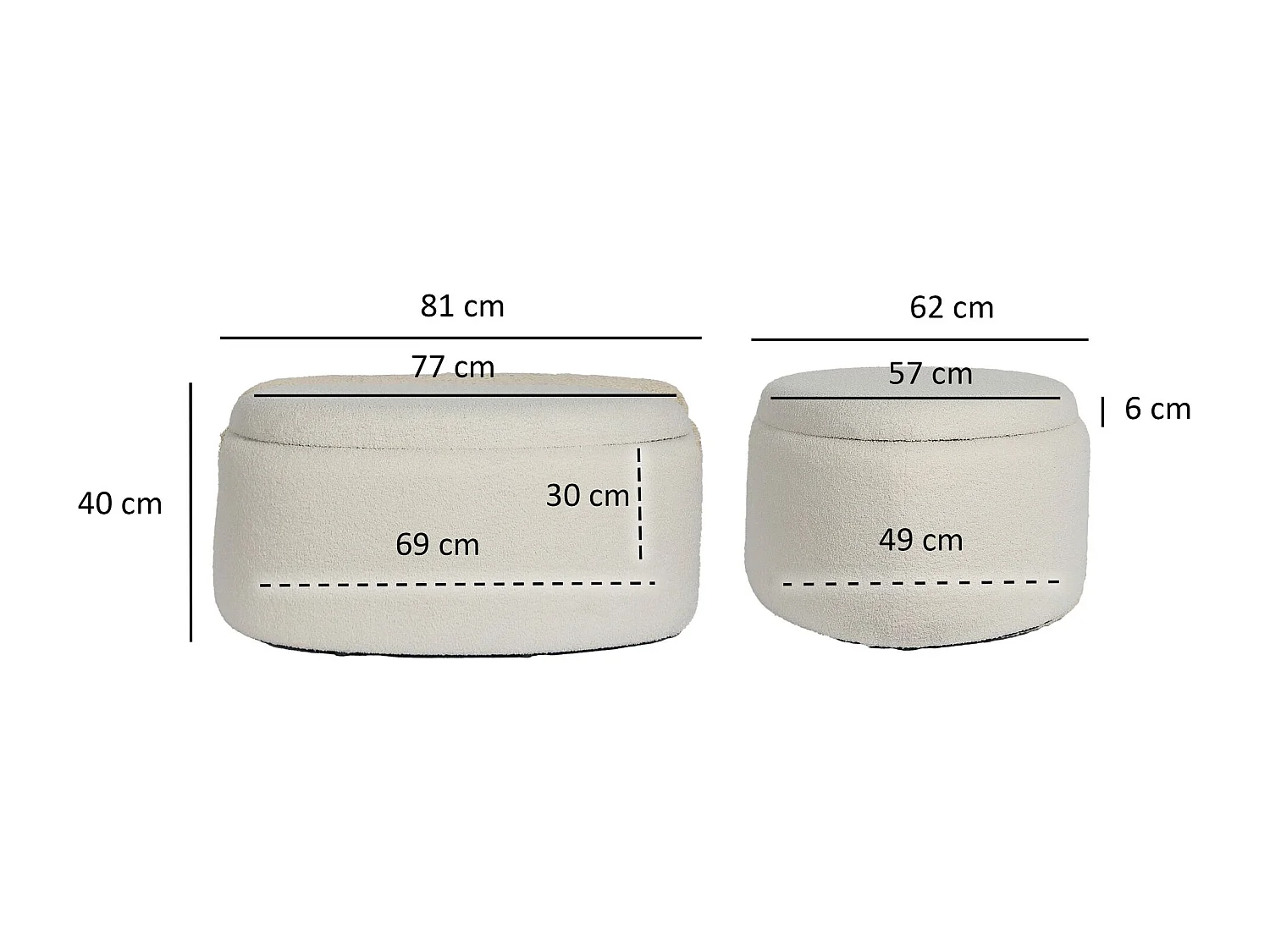 Tabouret Rangement Ovale 81 cm Tissu Crème Couvercle Amovible Salon