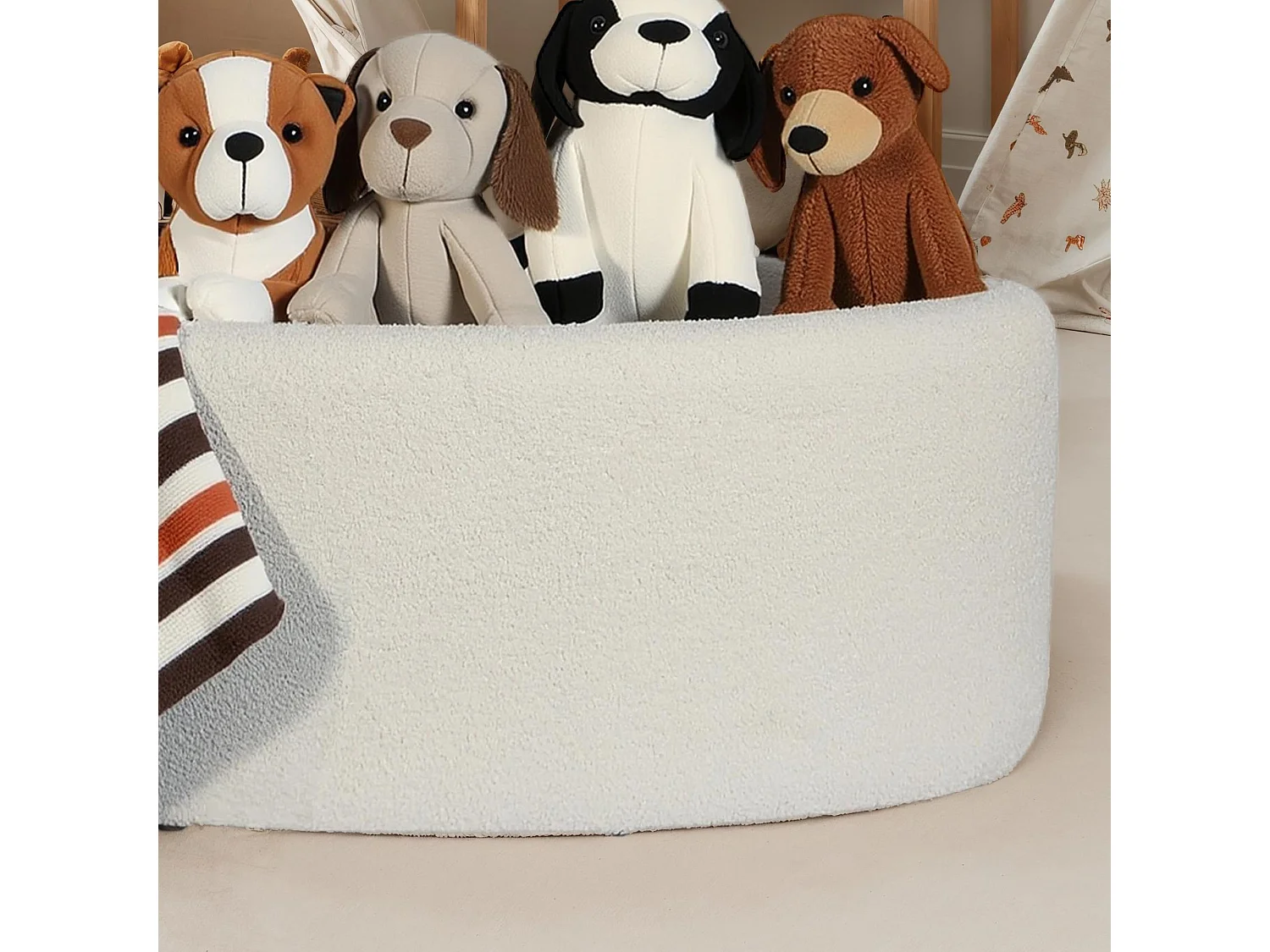 Tabouret Rangement Ovale 81 cm Tissu Crème Couvercle Amovible Salon