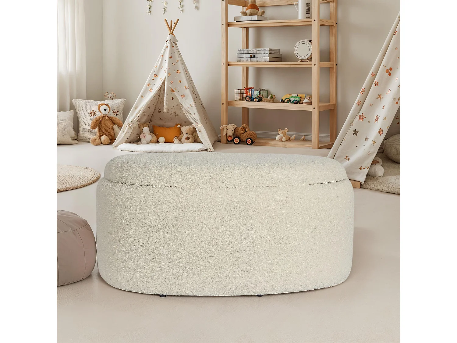 Tabouret Rangement Ovale 81 cm Tissu Crème Couvercle Amovible Salon