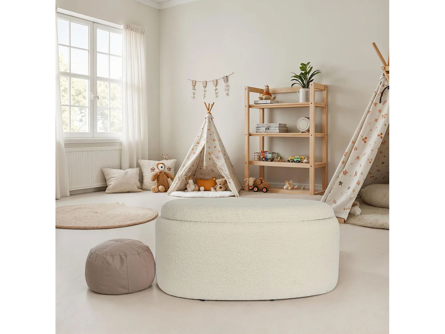 Tabouret Rangement Ovale 81 cm Tissu Crème Couvercle Amovible Salon