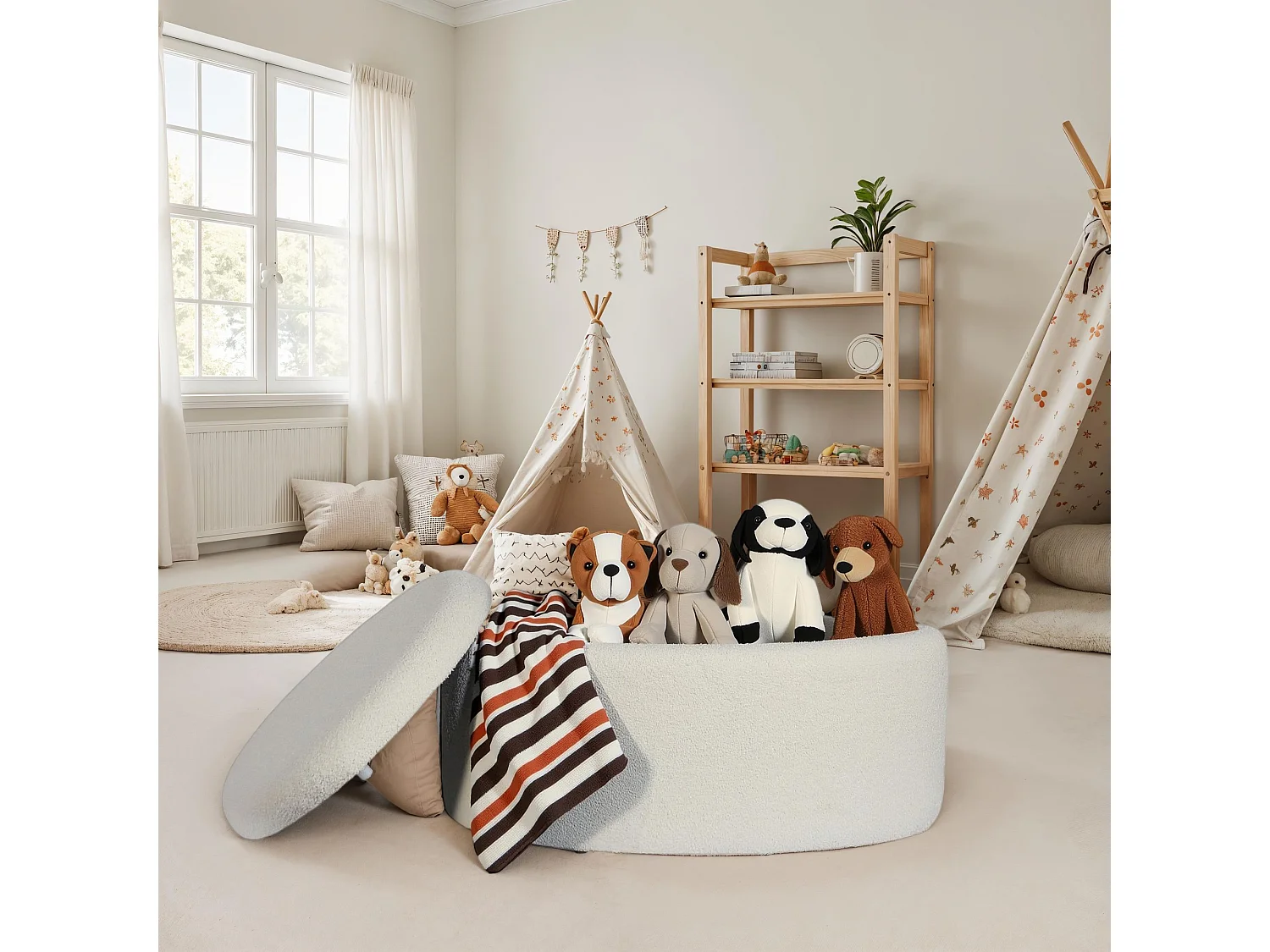 Tabouret Rangement Ovale 81 cm Tissu Crème Couvercle Amovible Salon