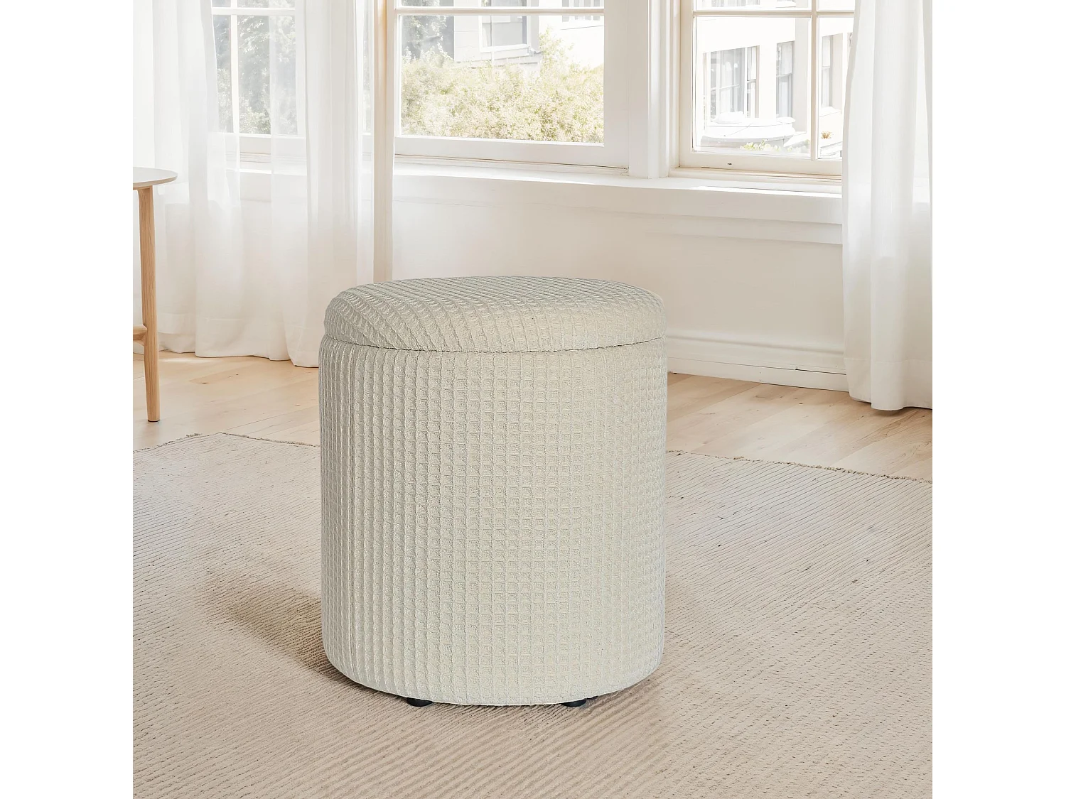 Tabouret Rangement Rond Beige en Coton Ø40x45 cm Housse Amovible Salon