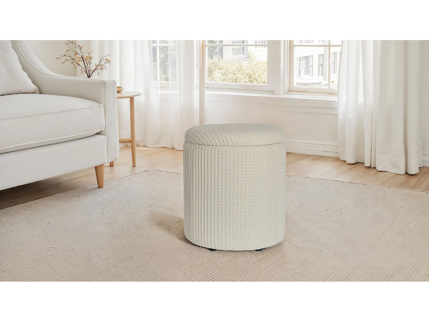 Tabouret Rangement Rond Beige en Coton Ø40x45 cm Housse Amovible Salon