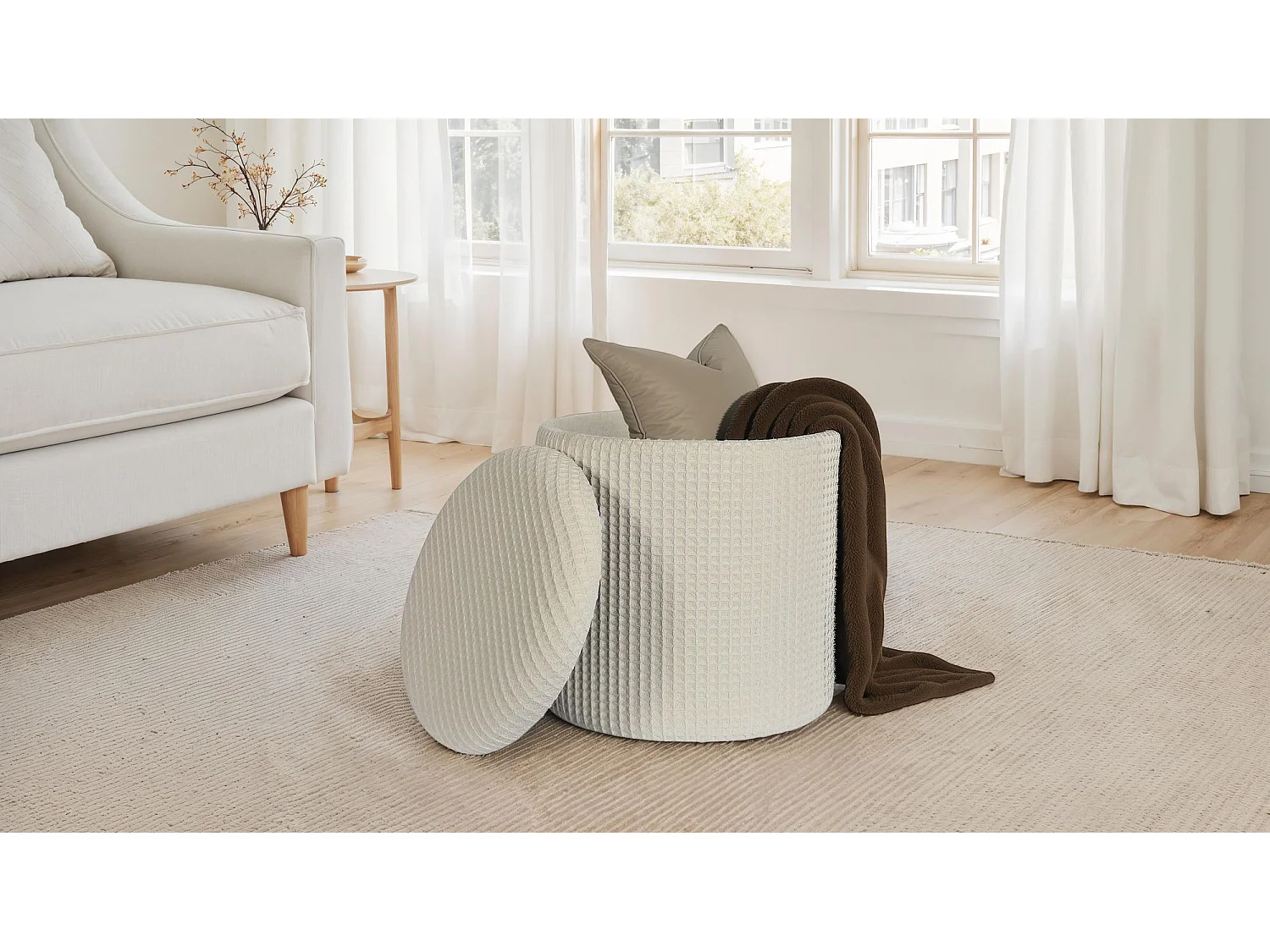 Tabouret Rangement Rond Beige en Coton Ø40x45 cm Housse Amovible Salon