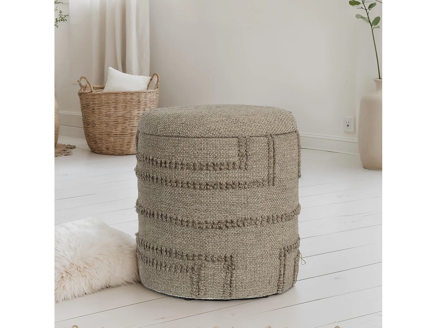 Tabouret Rond Laine Marron avec Rangement Couvercle Amovible Bohème