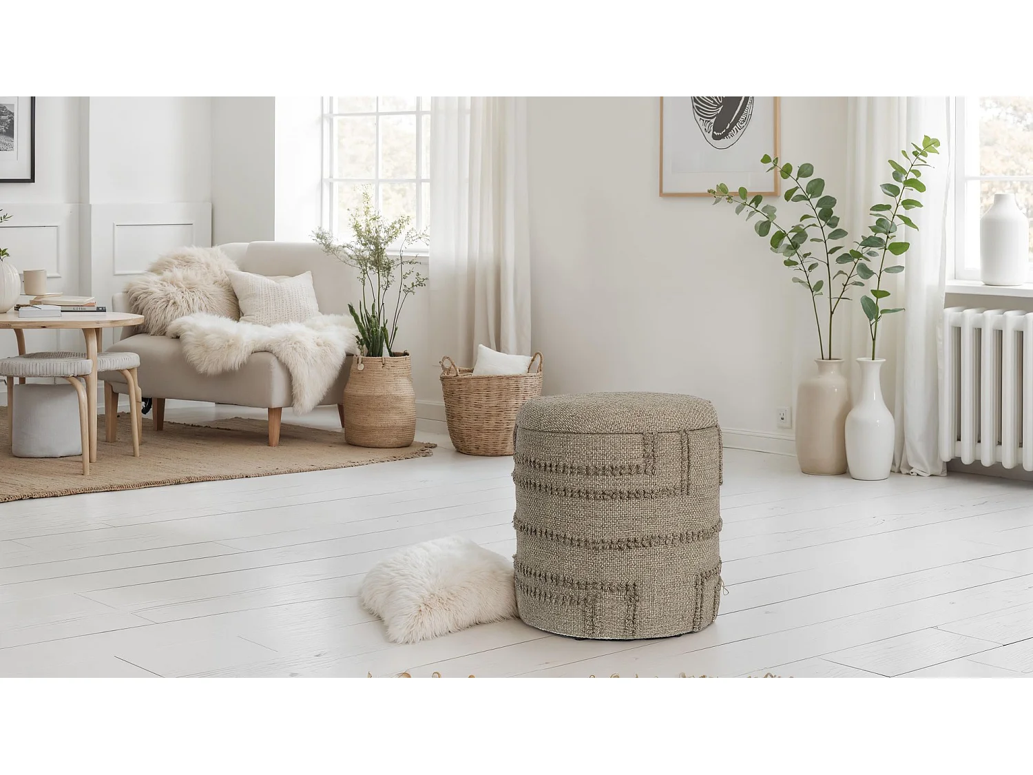 Tabouret Rond Laine Marron avec Rangement Couvercle Amovible Bohème