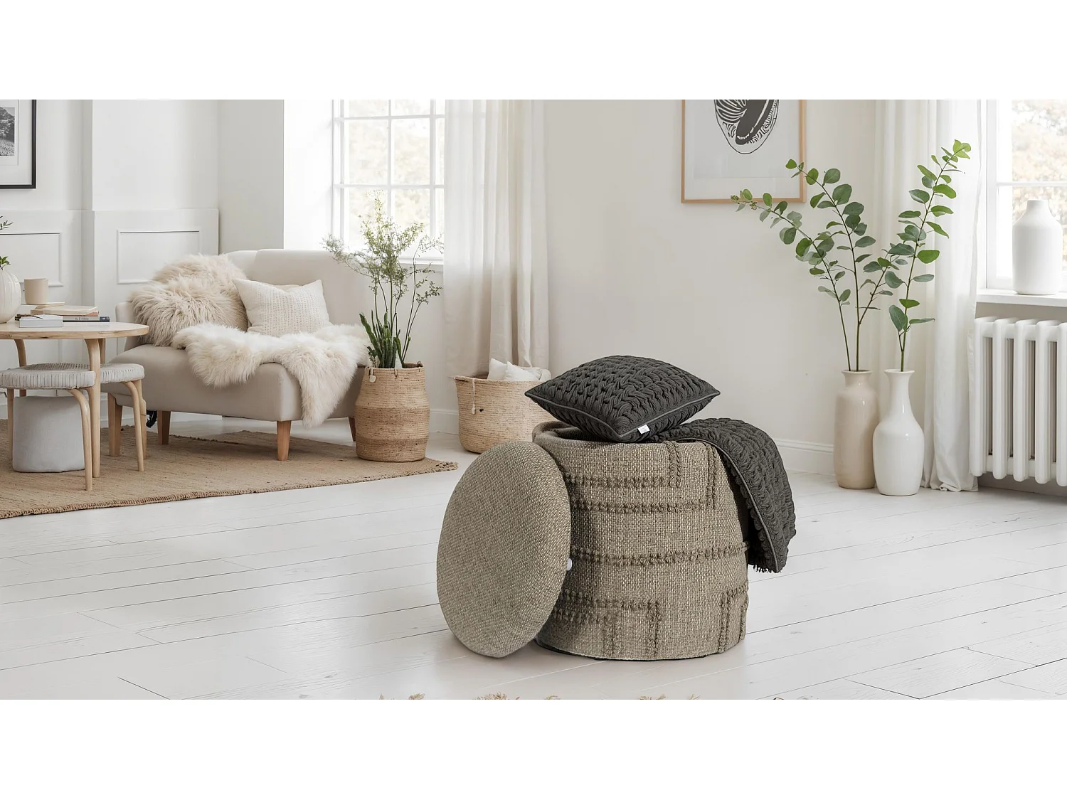 Tabouret Rond Laine Marron avec Rangement Couvercle Amovible Bohème