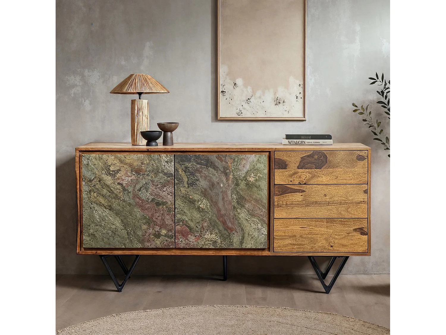 Buffet Bois Massif Sheesham 150x40x55 cm avec Portes et Tiroirs