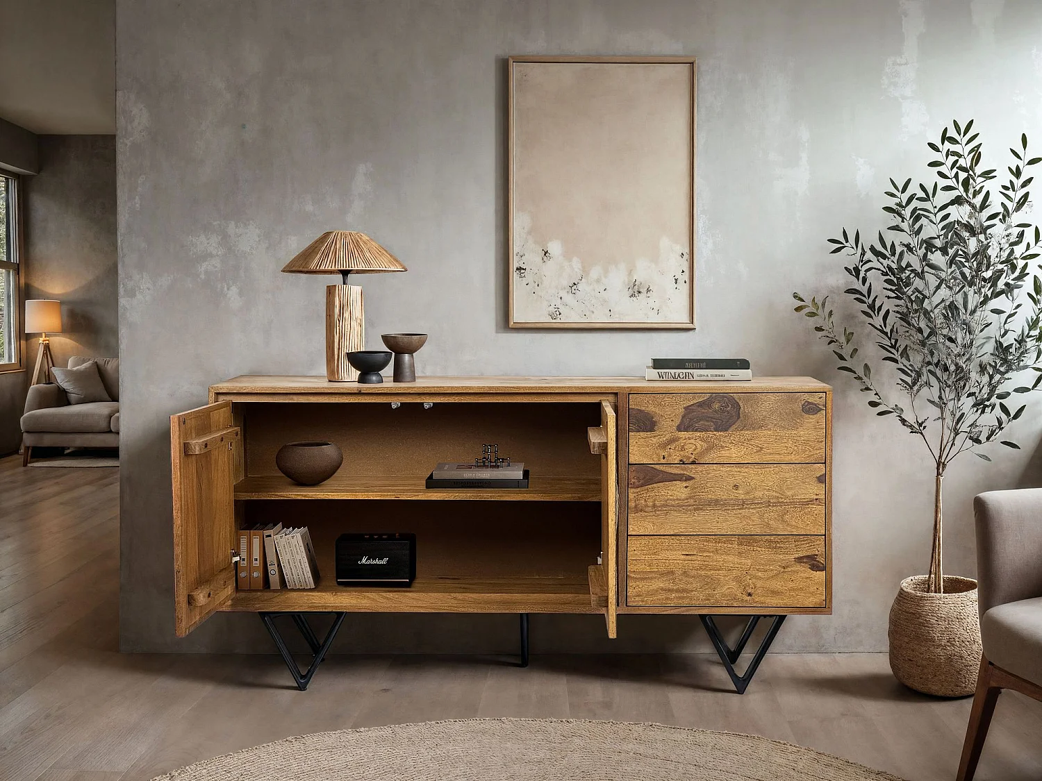 Buffet Bois Massif Sheesham 150x40x55 cm avec Portes et Tiroirs