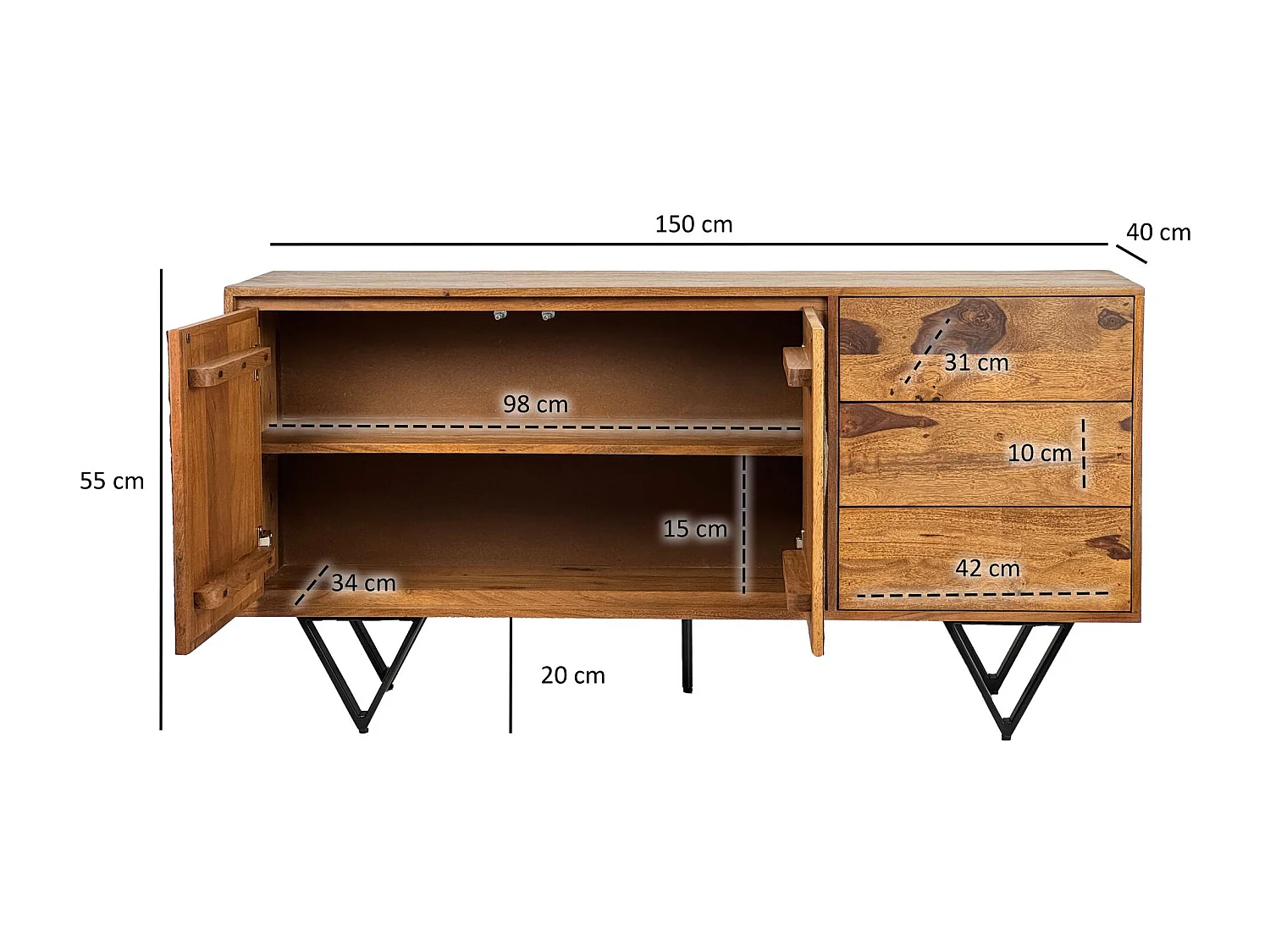 Buffet Bois Massif Sheesham 150x40x55 cm avec Portes et Tiroirs