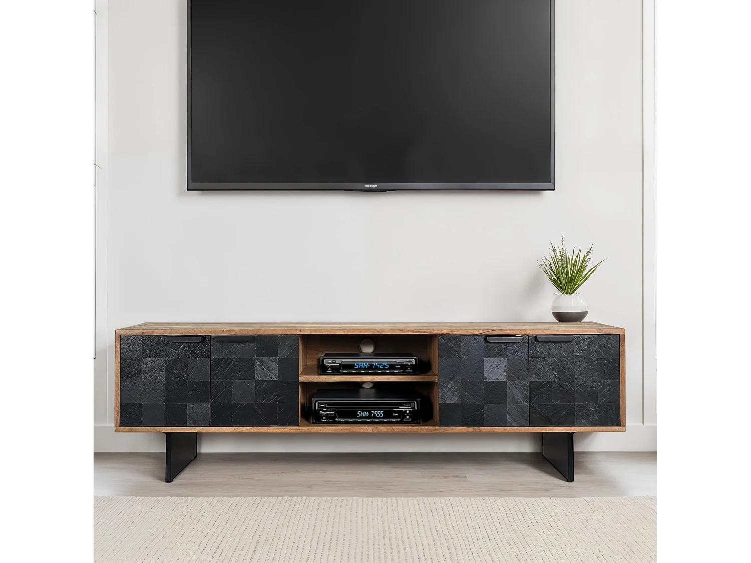 Meuble TV 150 cm Acacia Massif Design Industriel Métal Rangement