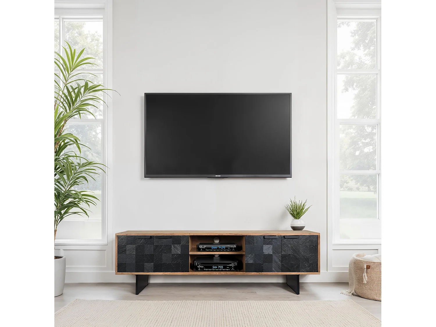 Meuble TV 150 cm Acacia Massif Design Industriel Métal Rangement
