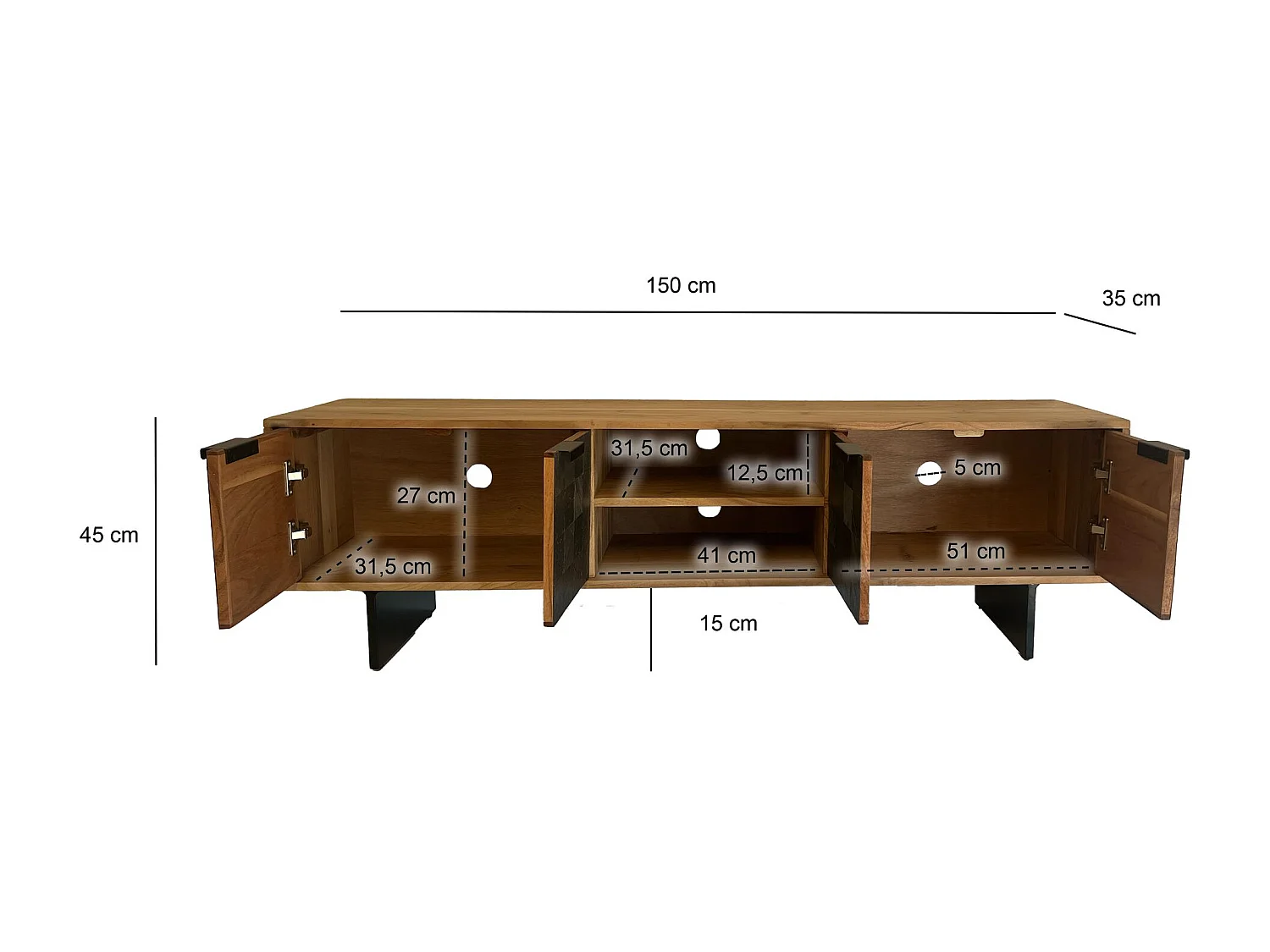 Meuble TV 150 cm Acacia Massif Design Industriel Métal Rangement