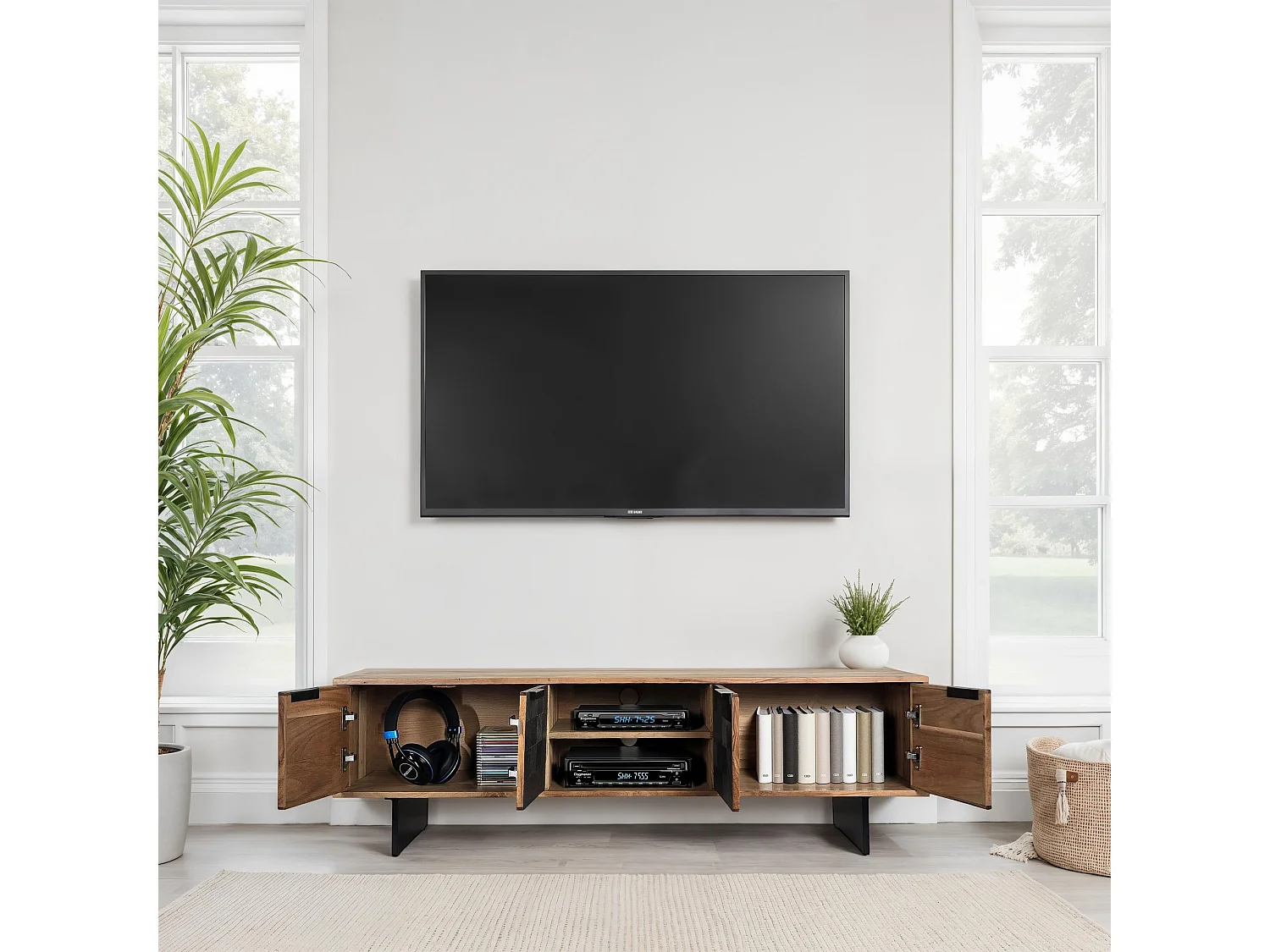 Meuble TV 150 cm Acacia Massif Design Industriel Métal Rangement