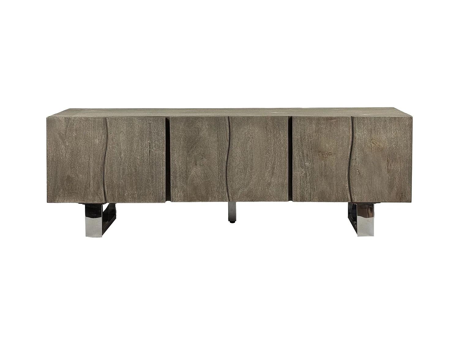 Meuble TV Acacia Gris Fumé 160x56x46 cm 3 Portes Pieds Métal Salon