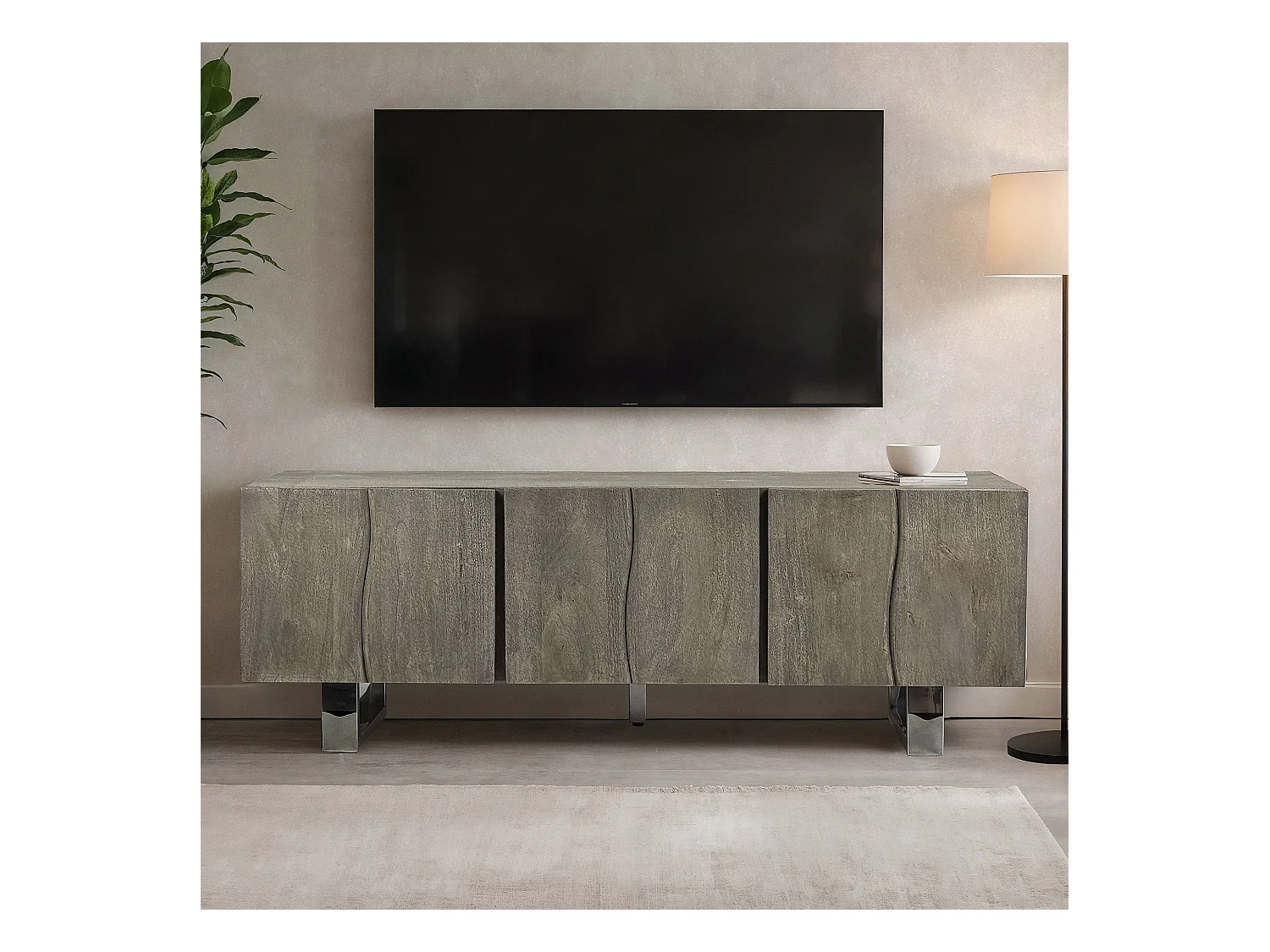 Meuble TV Acacia Gris Fumé 160x56x46 cm 3 Portes Pieds Métal Salon