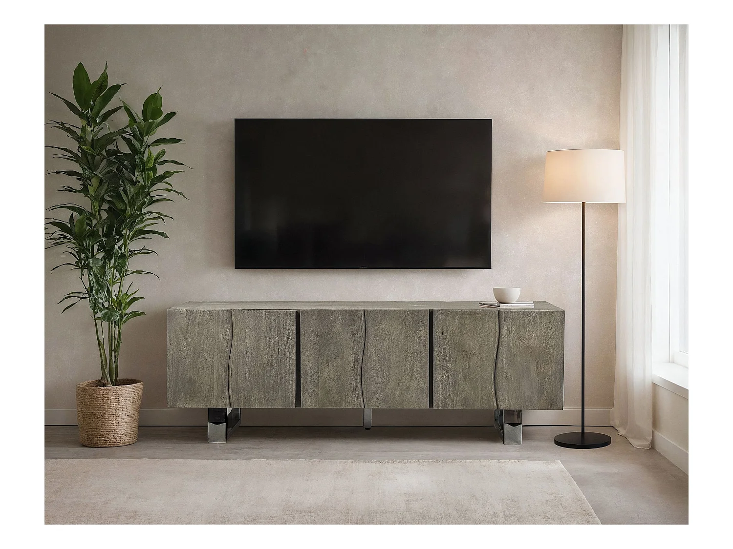 Meuble TV Acacia Gris Fumé 160x56x46 cm 3 Portes Pieds Métal Salon