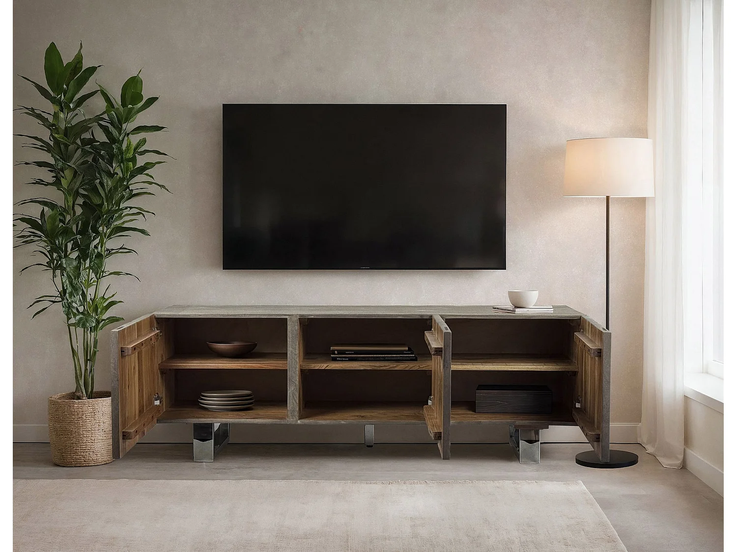 Meuble TV Acacia Gris Fumé 160x56x46 cm 3 Portes Pieds Métal Salon