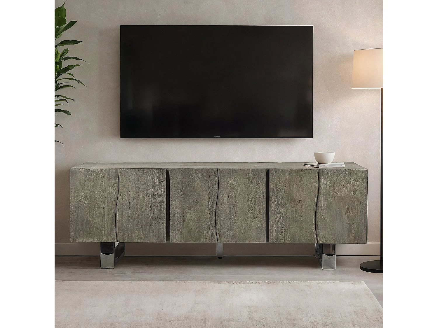 Meuble TV Acacia Gris Fumé 160x56x46 cm 3 Portes Pieds Métal Salon
