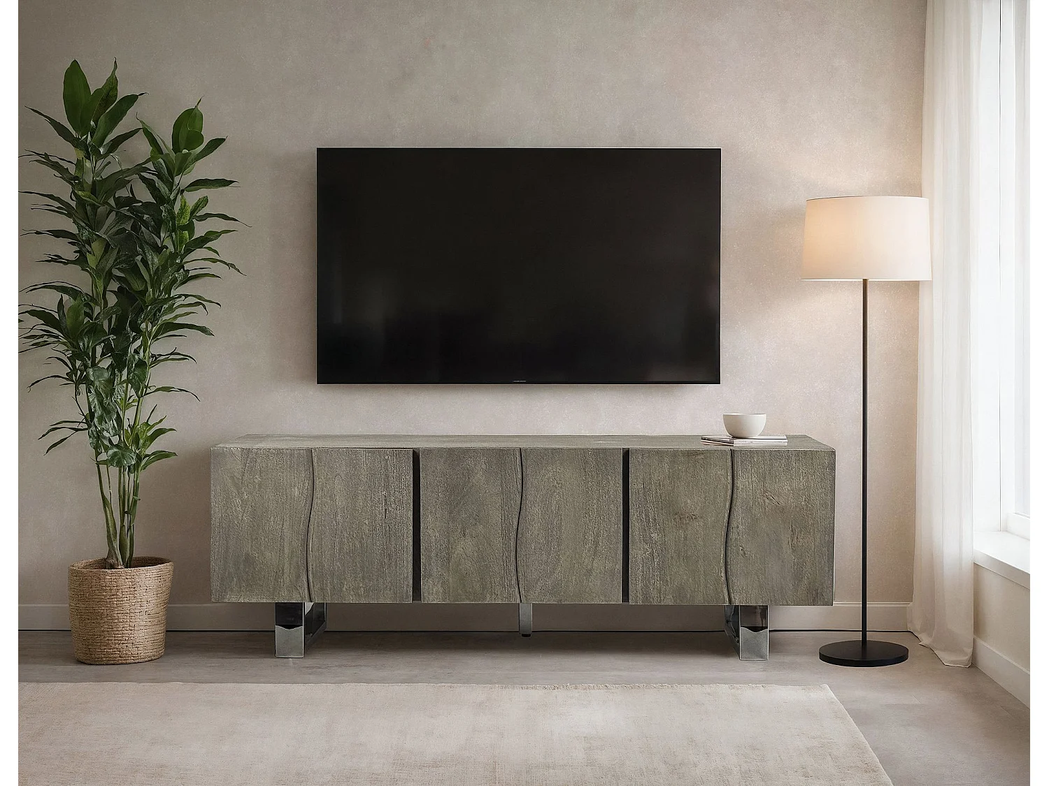 Meuble TV Acacia Gris Fumé 160x56x46 cm 3 Portes Pieds Métal Salon