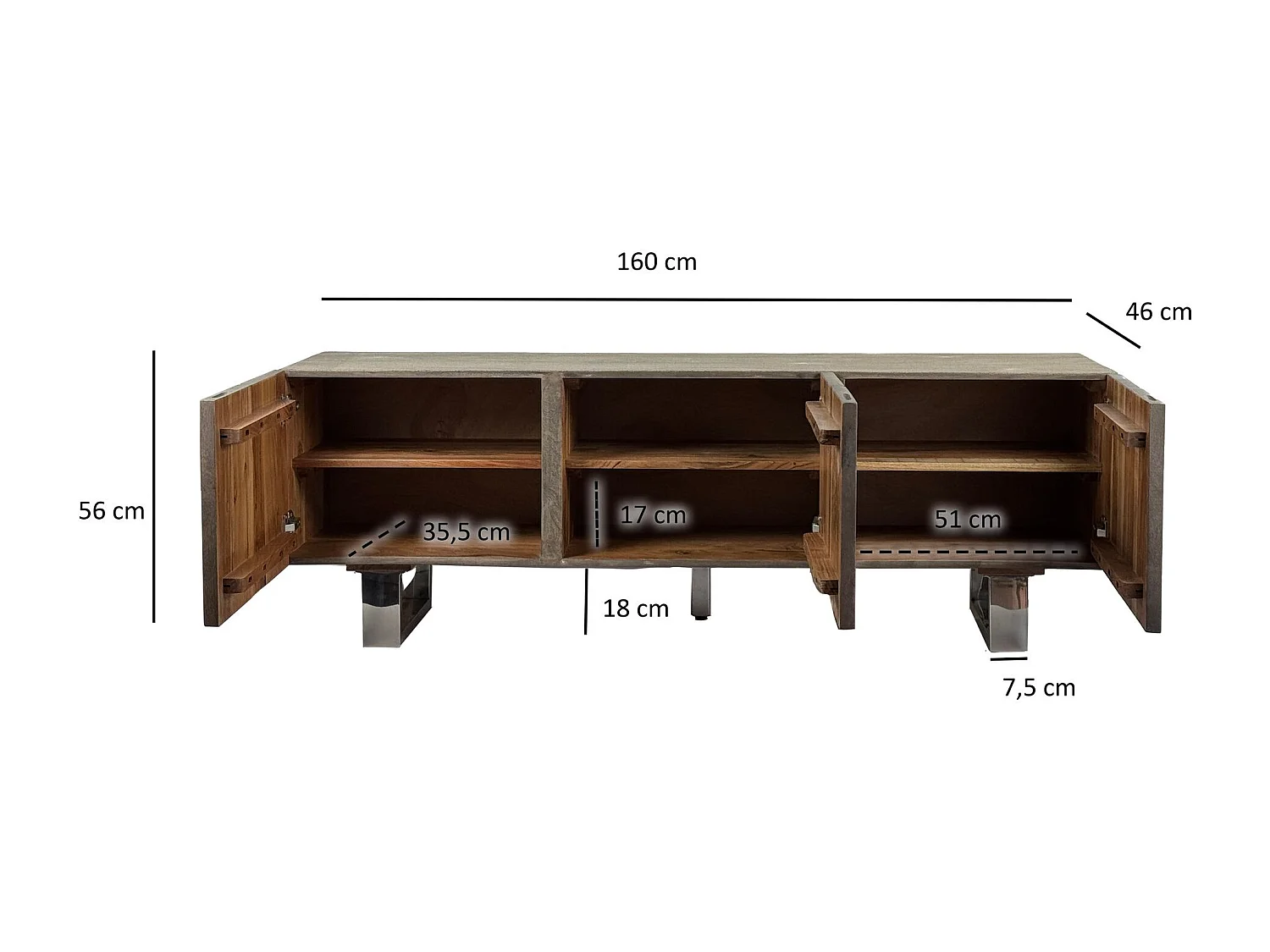 Meuble TV Acacia Gris Fumé 160x56x46 cm 3 Portes Pieds Métal Salon