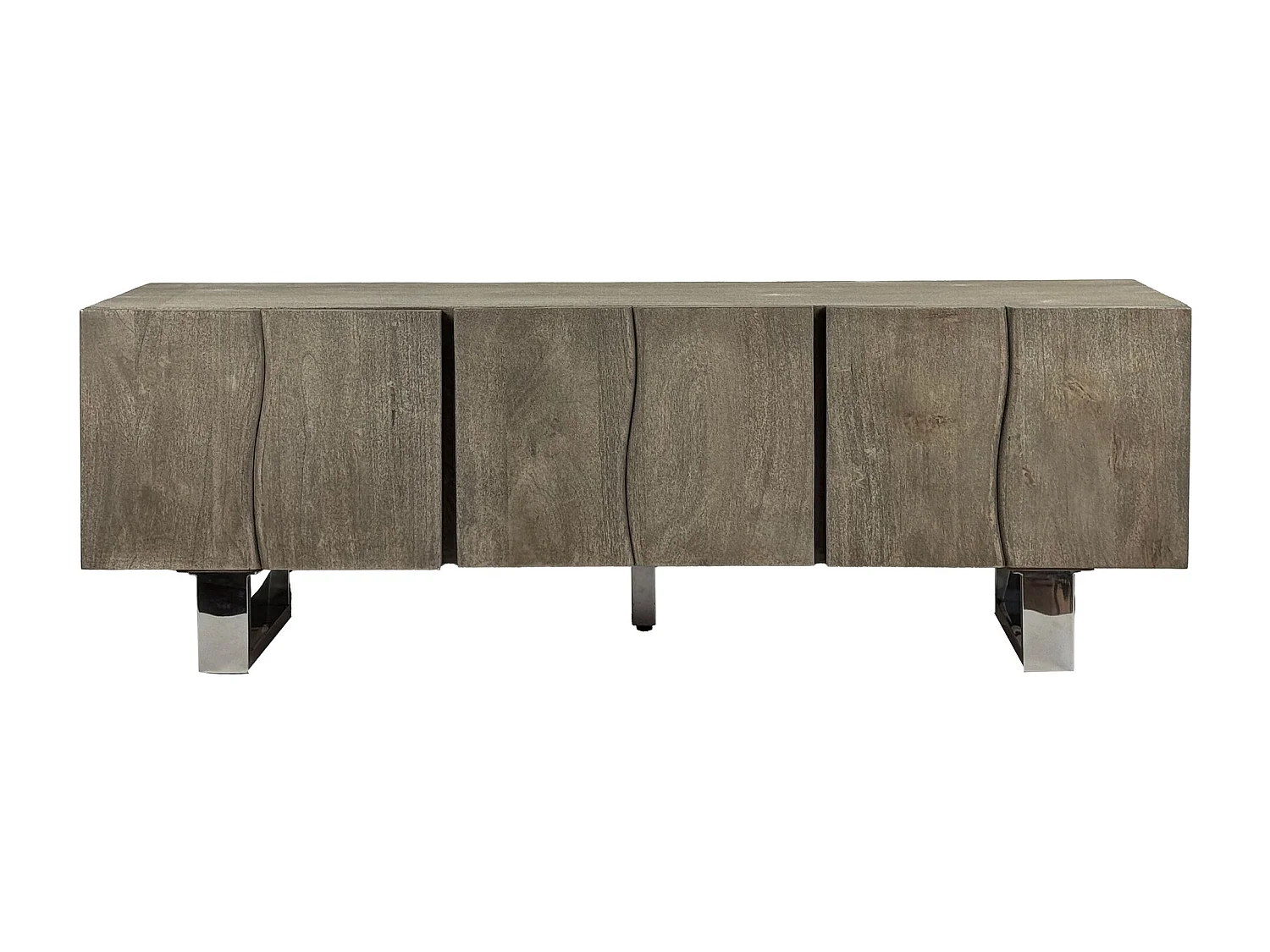 Meuble TV Acacia Gris Fumé 160x56x46 cm 3 Portes Pieds Métal Salon