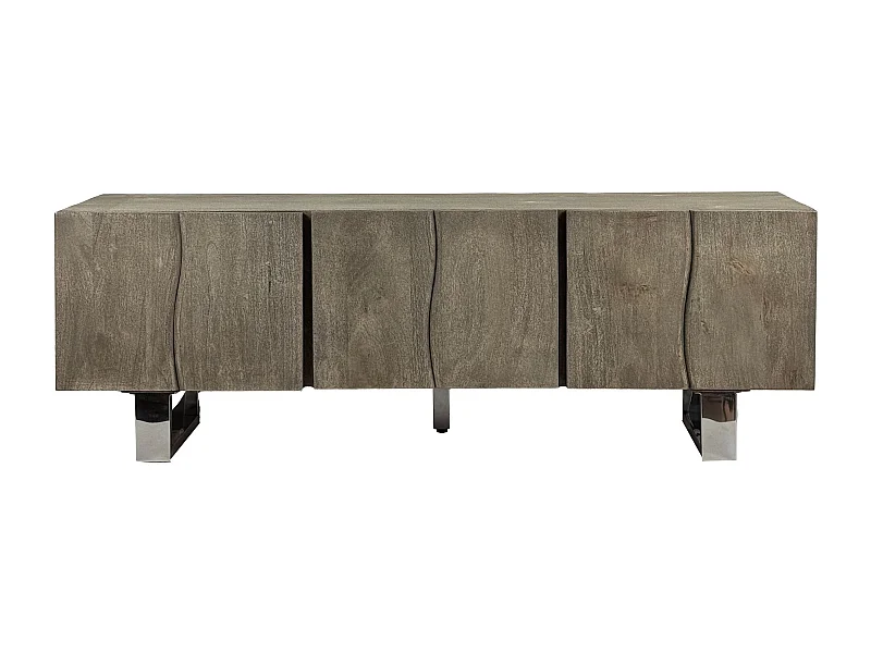 Meuble TV Acacia Gris Fumé 160x56x46 cm 3 Portes Pieds Métal Salon