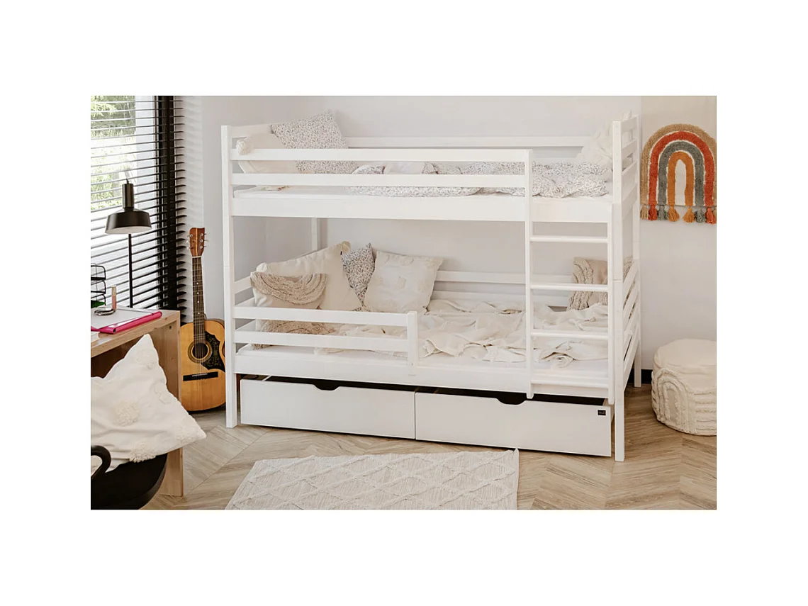 Lit Superposé Neo 90x200 - sommiers et tiroirs Blanc - blanc Livré avec le sommiers et tiroir.