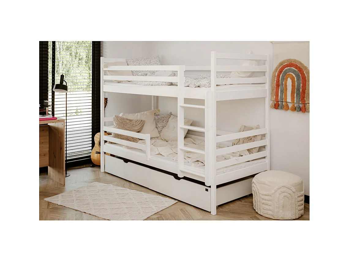 Lit Superposé Neo 90x200 - sommiers et tiroirs Blanc - blanc Livré avec le sommiers et tiroir.