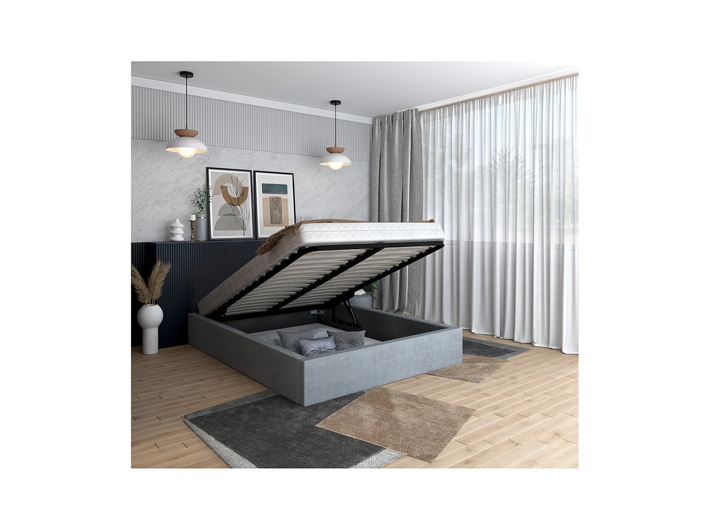 Lit coffre ORLANDO 160x200 - Sommier inclus Gris clair